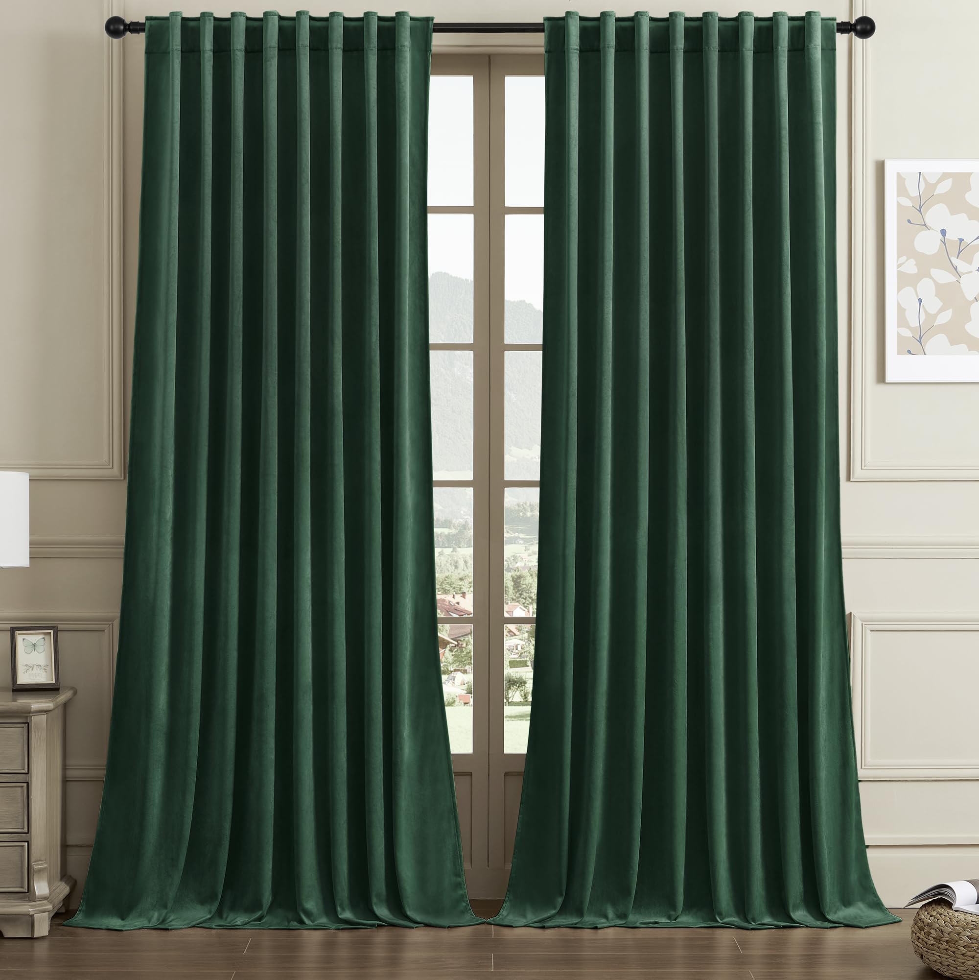 Timeper 96 Inches Dark Green Extra Wide Velvet Curtains Darkening Window Curtains For Living Room, Decorative Energy Saving Curt