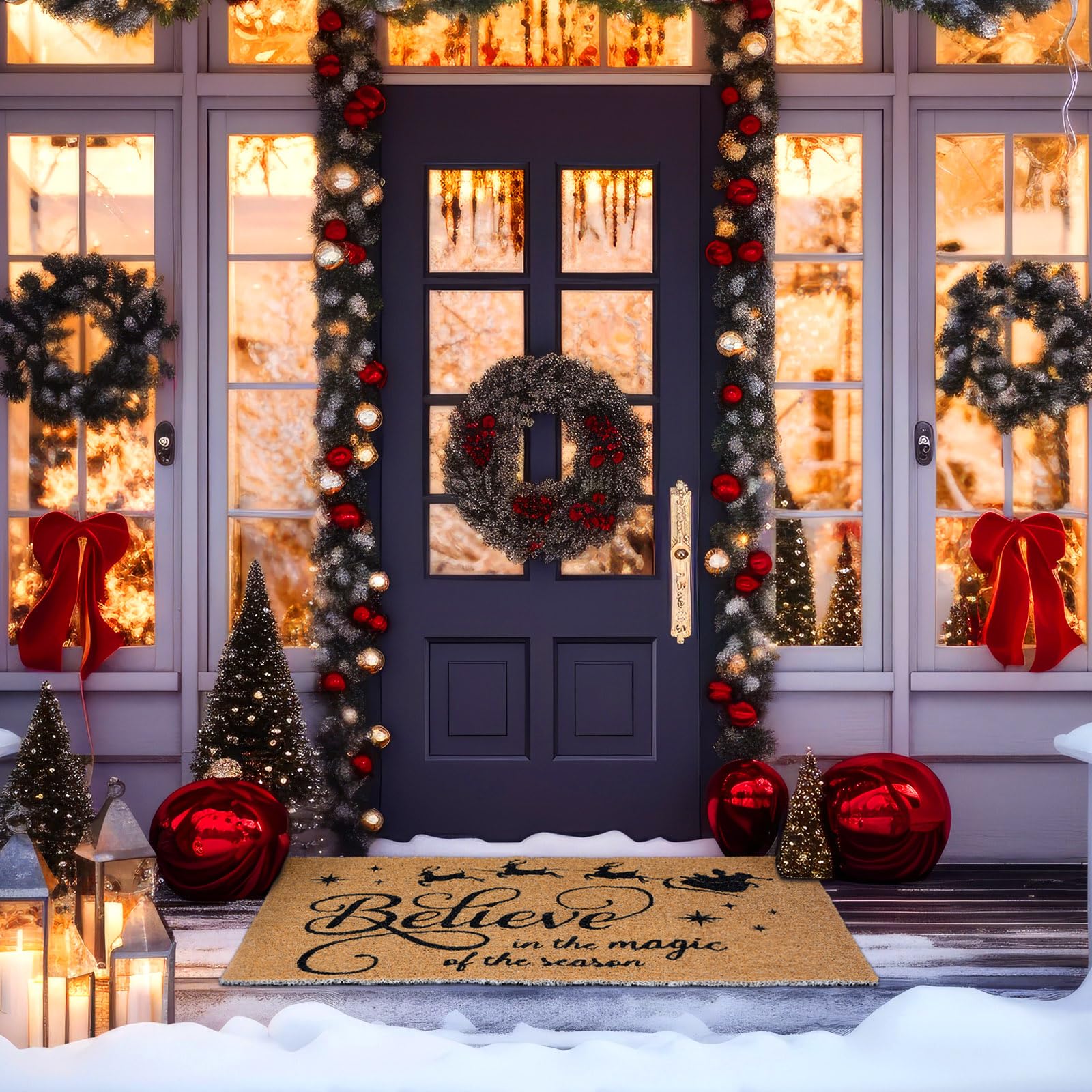 Moucuny Christmas Doormat Welcome Floor Mat Winter Outdoor Rugs Decorative Outdoor Xmas Believe Coir Non Slip Doormat For Front