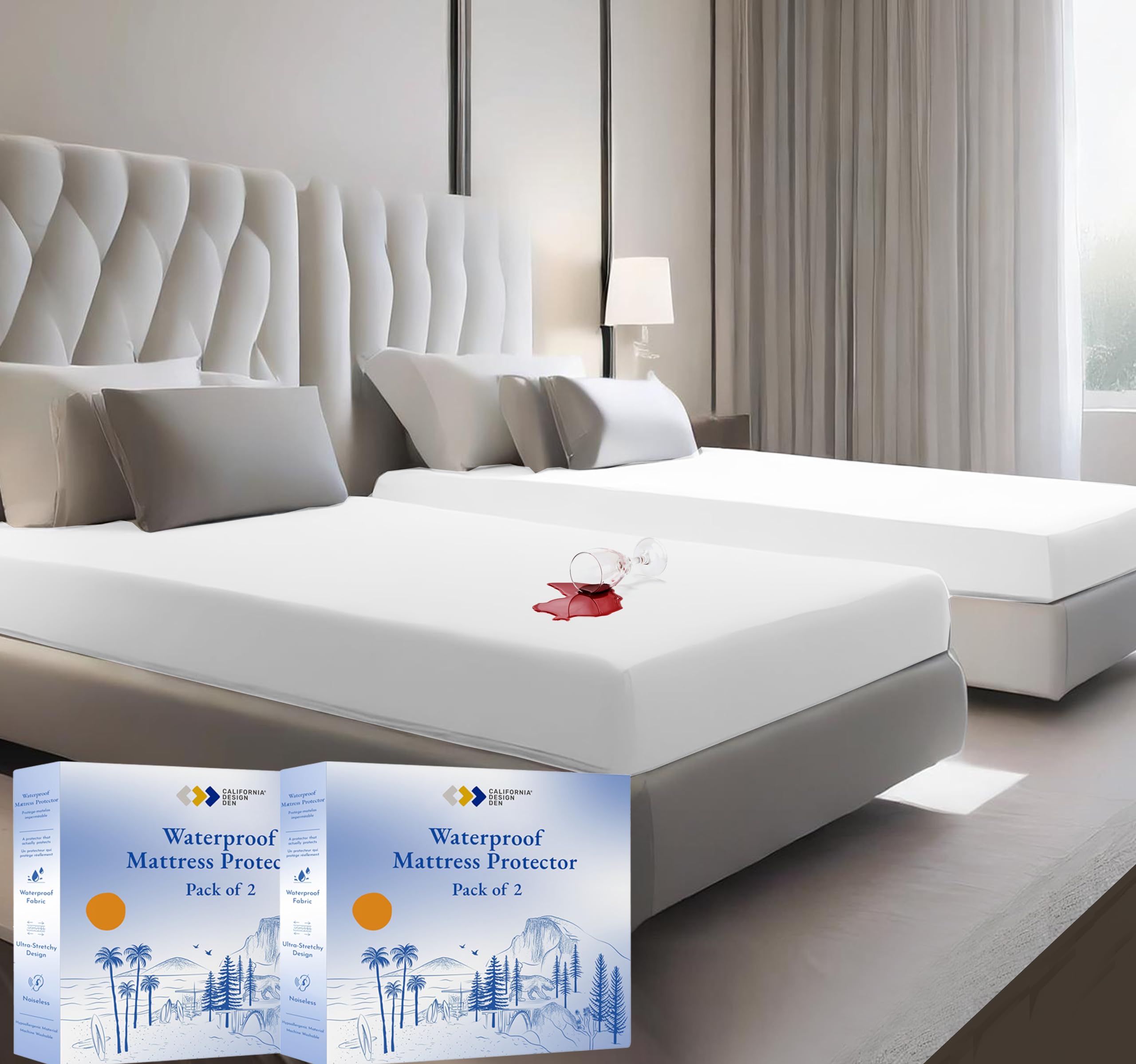 California Design Den 2-Pack Waterproof Mattress Protector For Full Size Bed - Soft, Noiseless, Cooling, Full Bed Mattress Prote