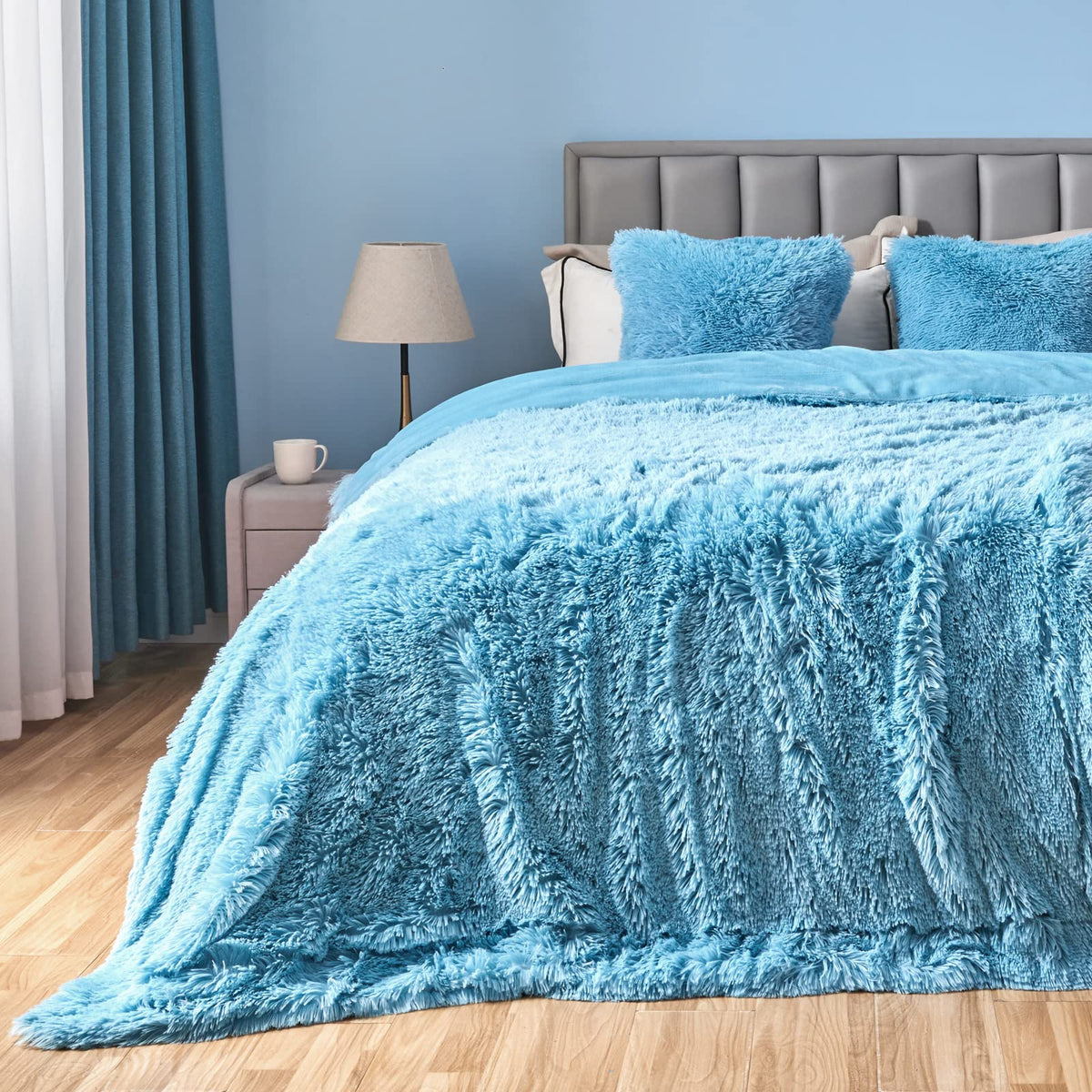 Gonaap Fuzzy Faux Fur Throw Blanket Queen Size Sky Blue Super Soft Cozy Plush Fuzzy Shaggy Blanket For Couch Sofa Bed (Sky Blue,