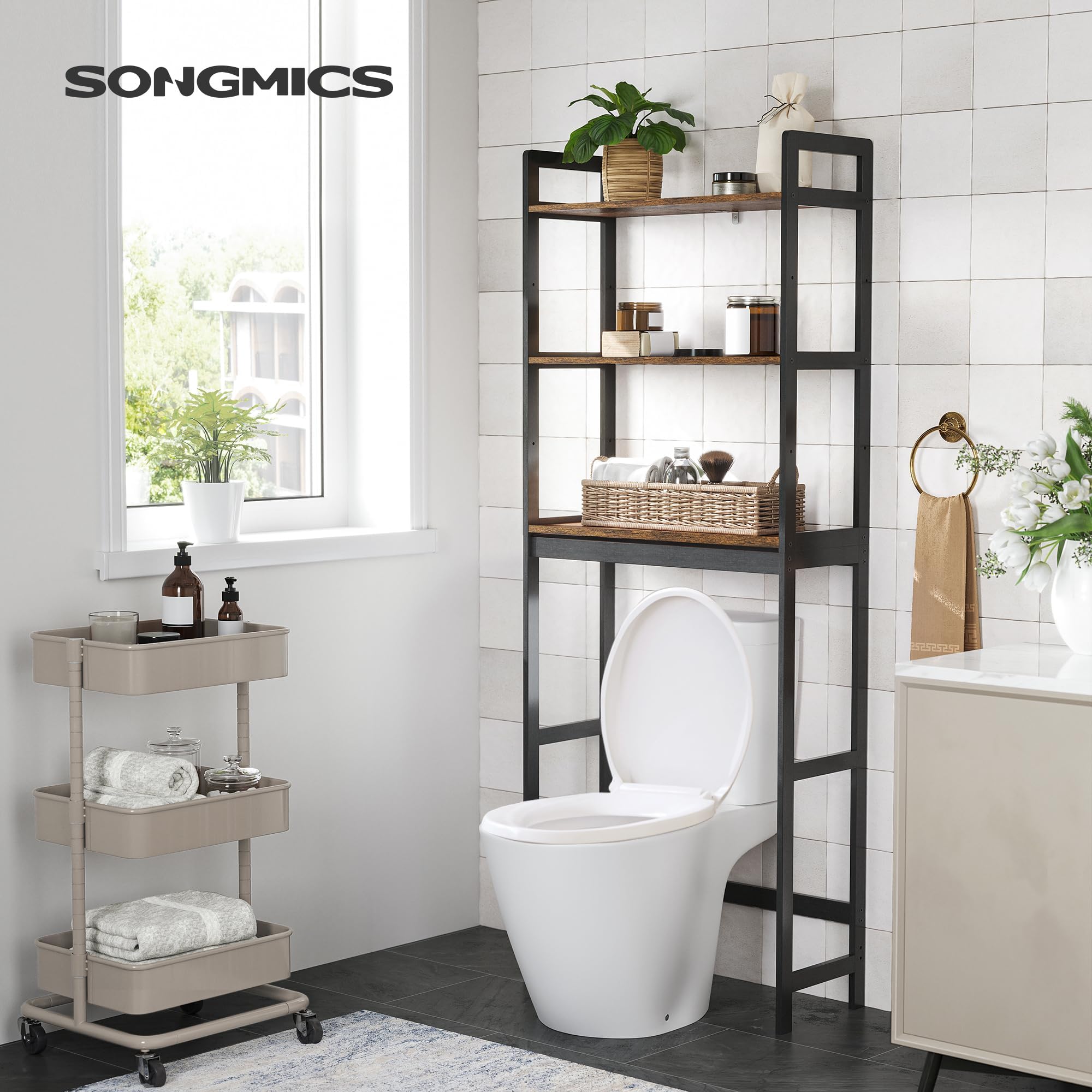 SONGMICS 3-Tier Over Toilet Storage, Adjustable Bathroom Organizer Shelf, Rustic Brown and Black, 10.2 x 24.8 x 64.2 Inches