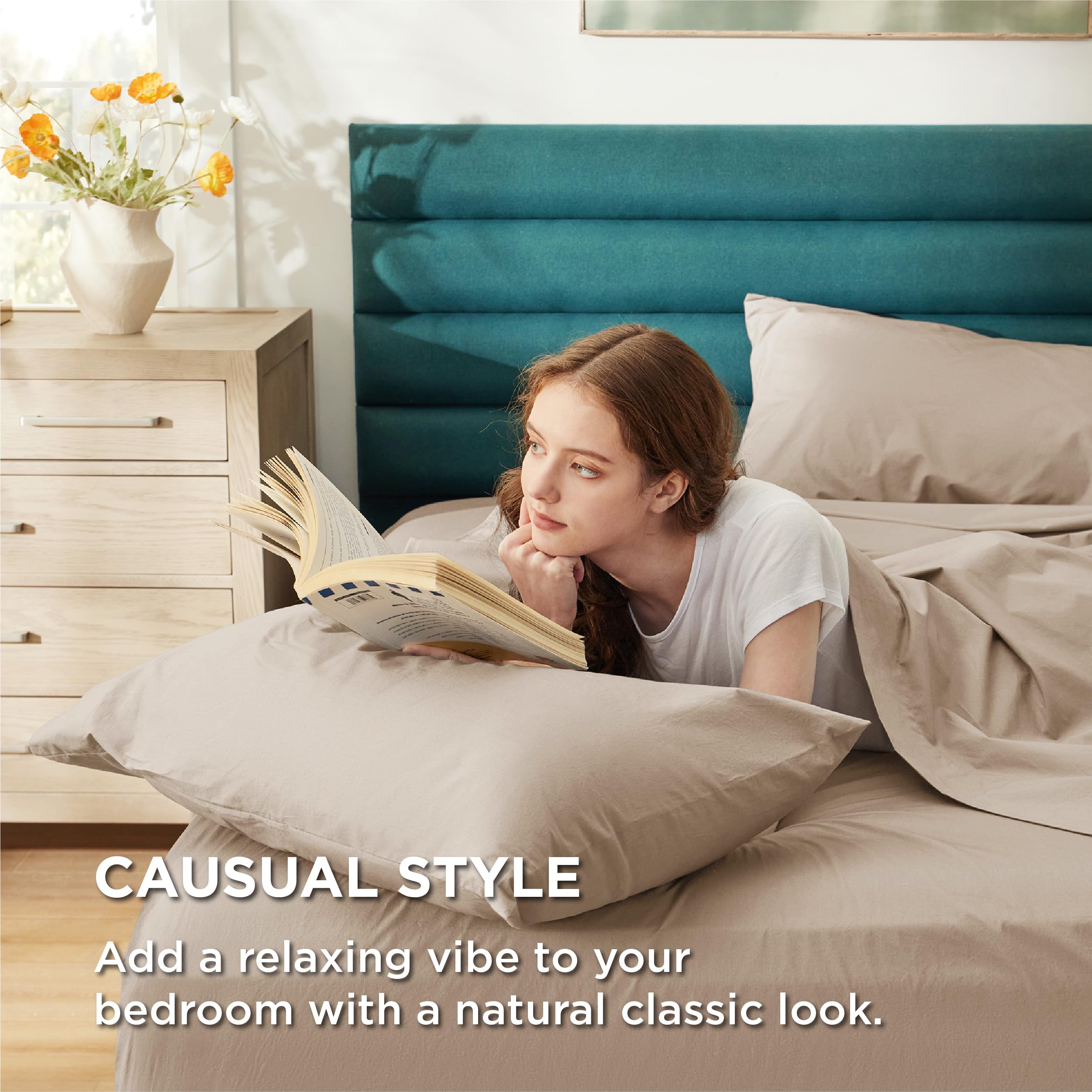 Bedsure Queen Sheet Set - 100% Cotton Percale, Deep Pocket up to 16, Breathable & Soft, Taupe Bedding Sheets & Pillowcases