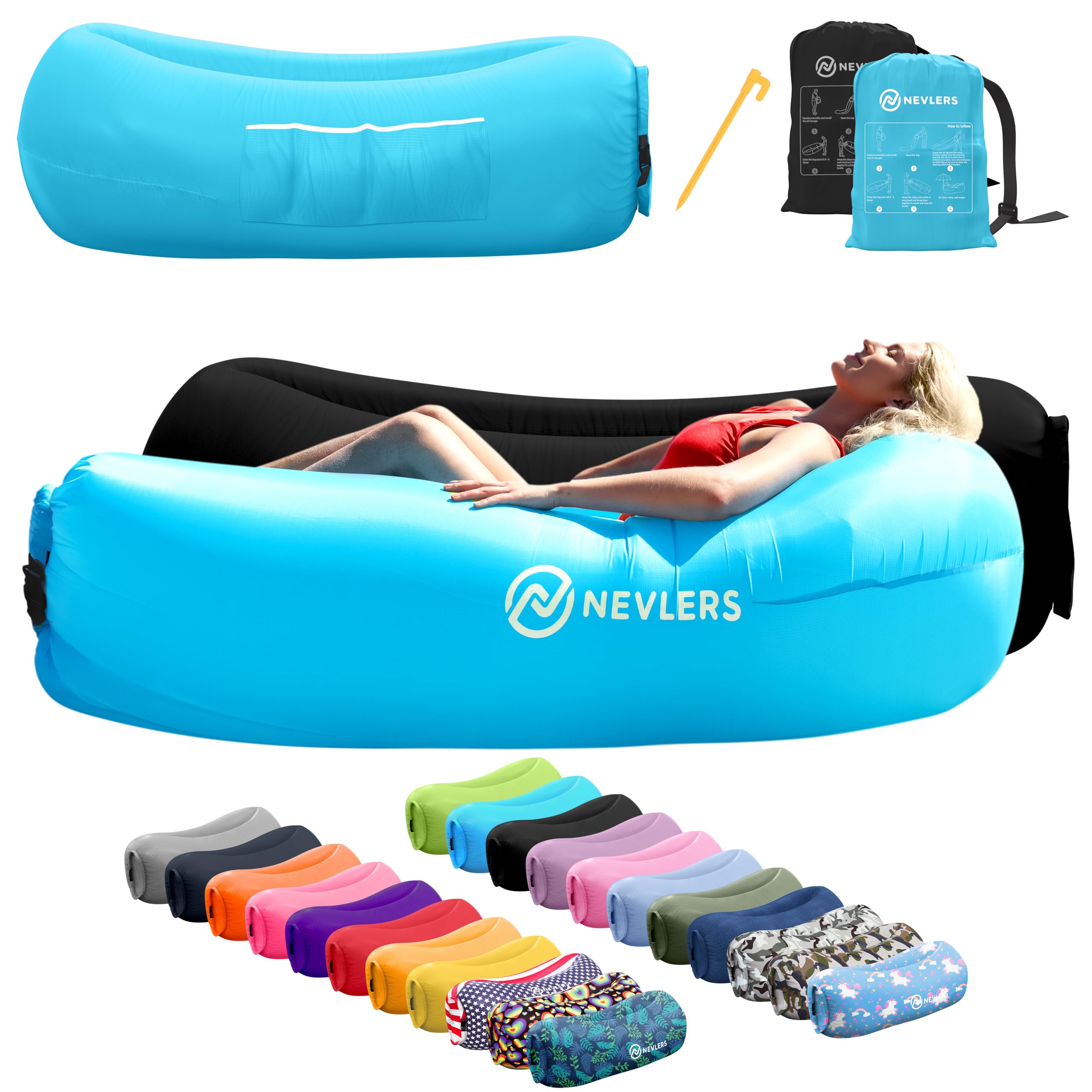 Nevlers Blue Jeans Inflatable Couch |210T Polyester Inflatable Chair |No-Pump Blow Up Couch | Inflatable Furniture w/ 450lbs. Ca