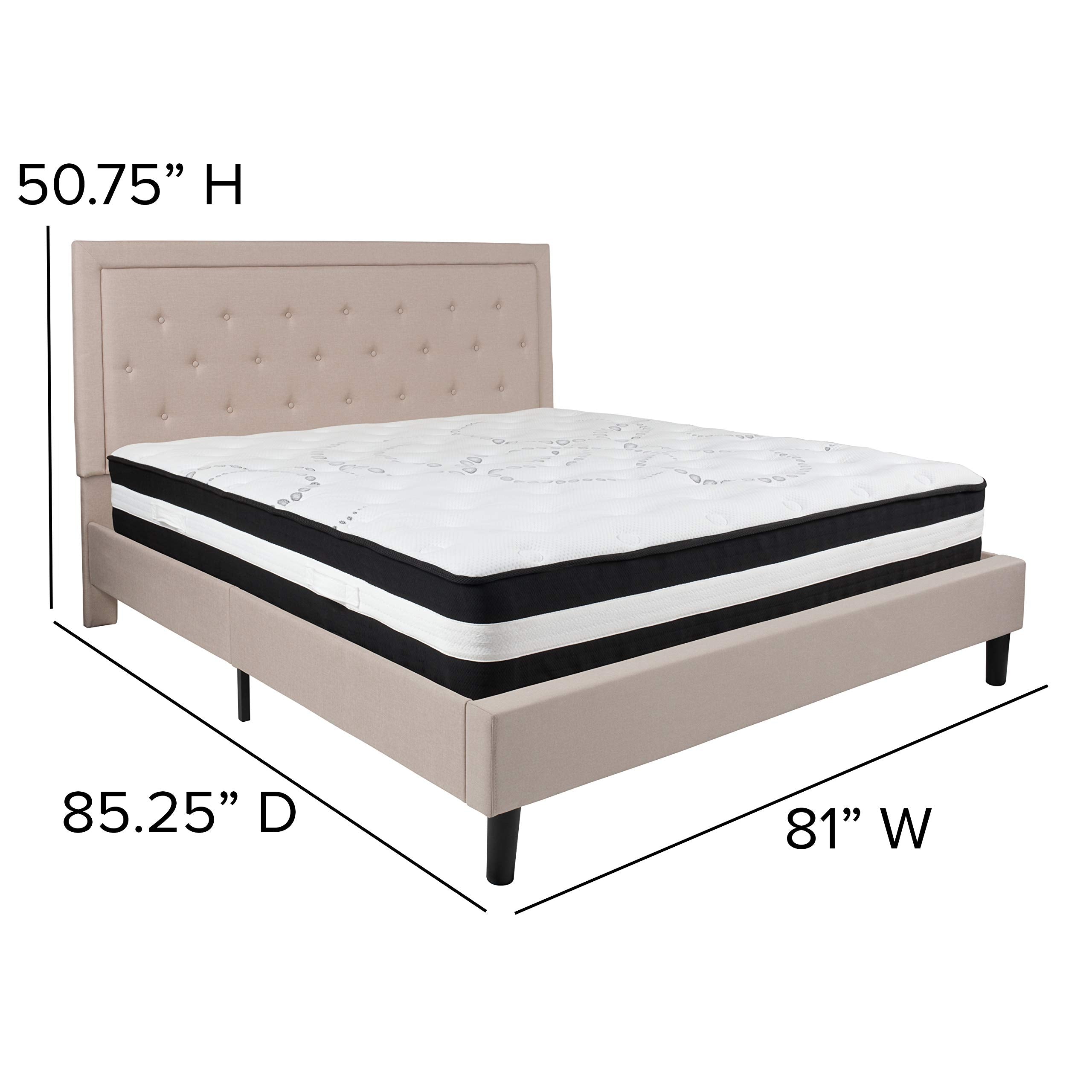 Flash Furniture Roxbury King Size Tufted Upholstered Platform Bed In Beige Fabric With Pocket Spring Mattress
