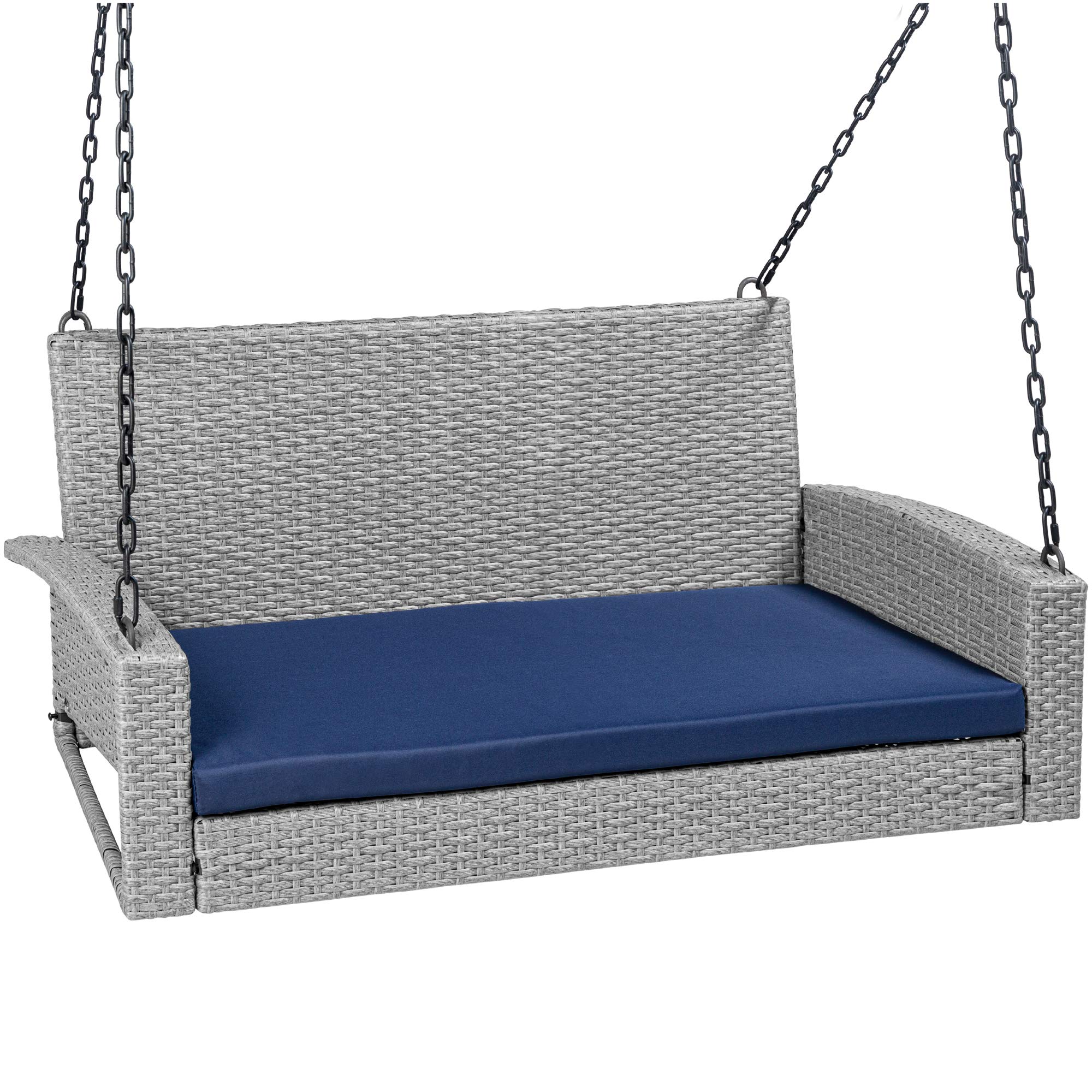 Best Choice Products Woven Wicker Outdoor Porch Swing, Hanging Patio Bench for Deck, Garden w/Mounting Chains, Seat Cushion - Gr