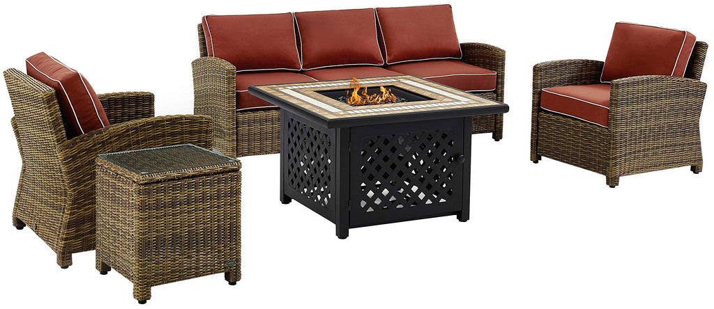 Crosley Furniture Bradenton 5-Piece Wicker Outdoor Sofa Patio Furniture Set with Propane Gas Fire Pit Table, Brown with Sangria Cushions