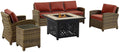 Crosley Furniture Bradenton 5-Piece Wicker Outdoor Sofa Patio Furniture Set with Propane Gas Fire Pit Table, Brown with Sangria Cushions