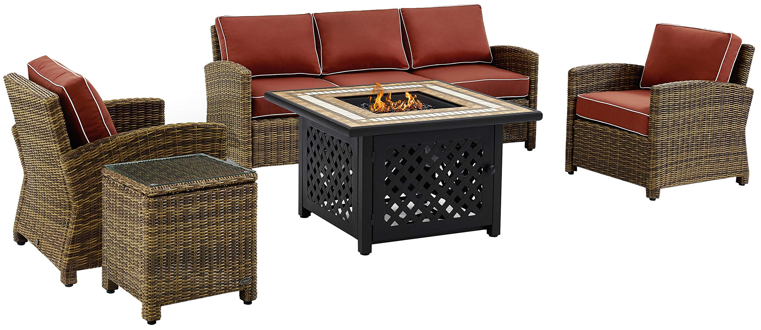 Crosley Furniture Bradenton 5-Piece Wicker Outdoor Sofa Patio Furniture Set with Propane Gas Fire Pit Table, Brown with Sangria Cushions