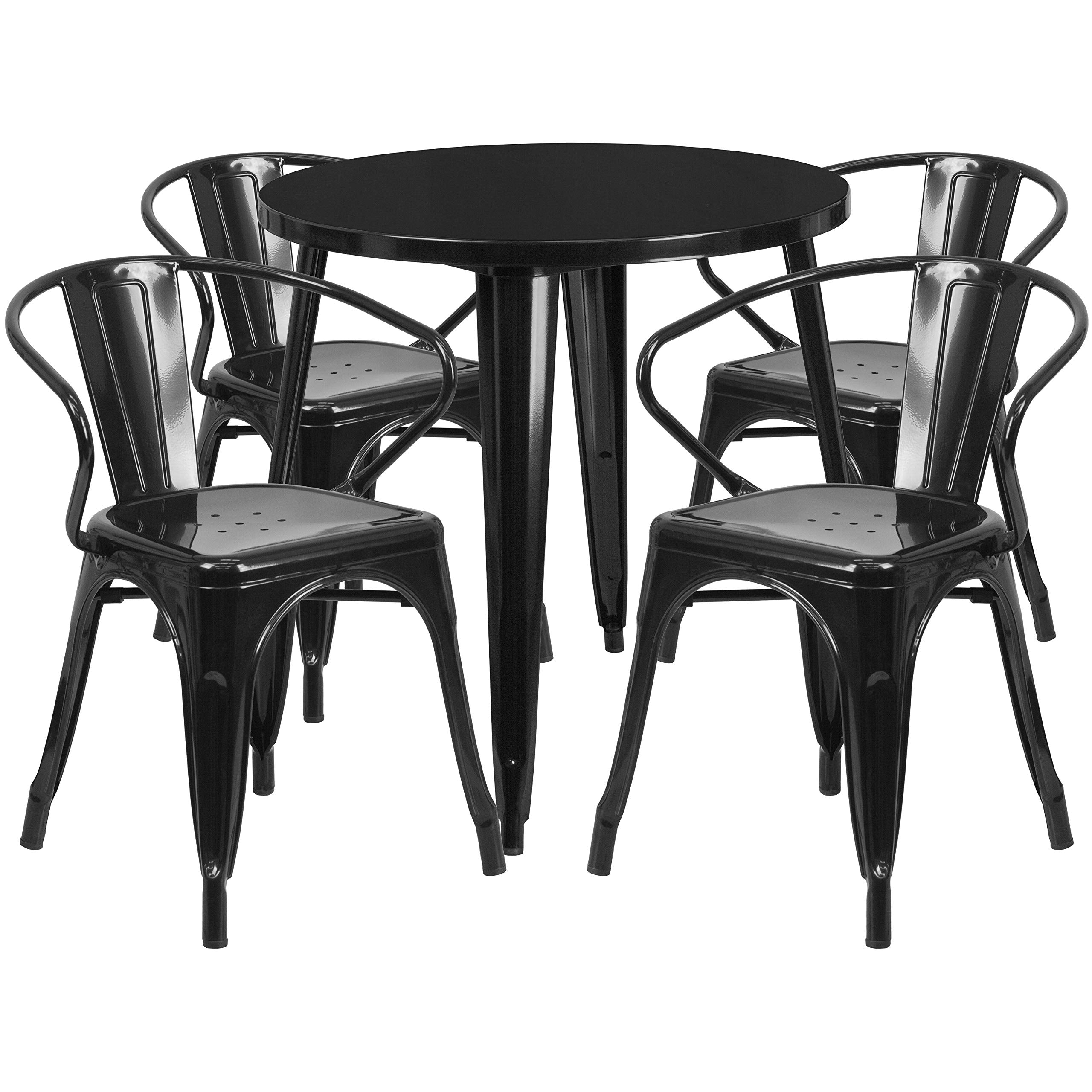 Flash Furniture Commercial Grade 30" Round Black Metal Indoor-Outdoor Table Set with 4 Arm Chairs
