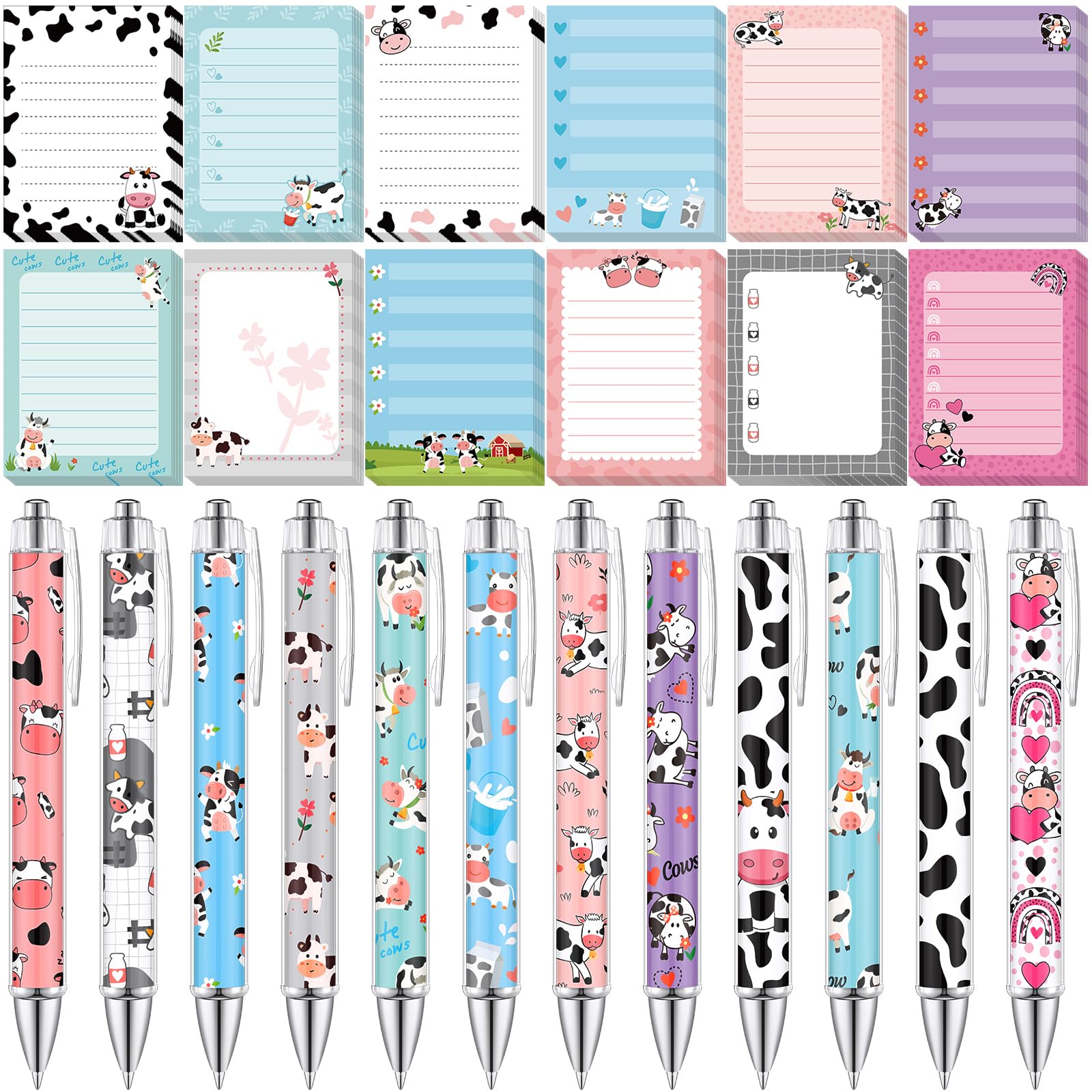 Skyygemm 24 Pieces Cow Sticky Notes Milky Cow Pens Gift Note Pads Memo Pads 3x4 Inch Black Ink 1.0 mm Ballpoint Pen for Women Te