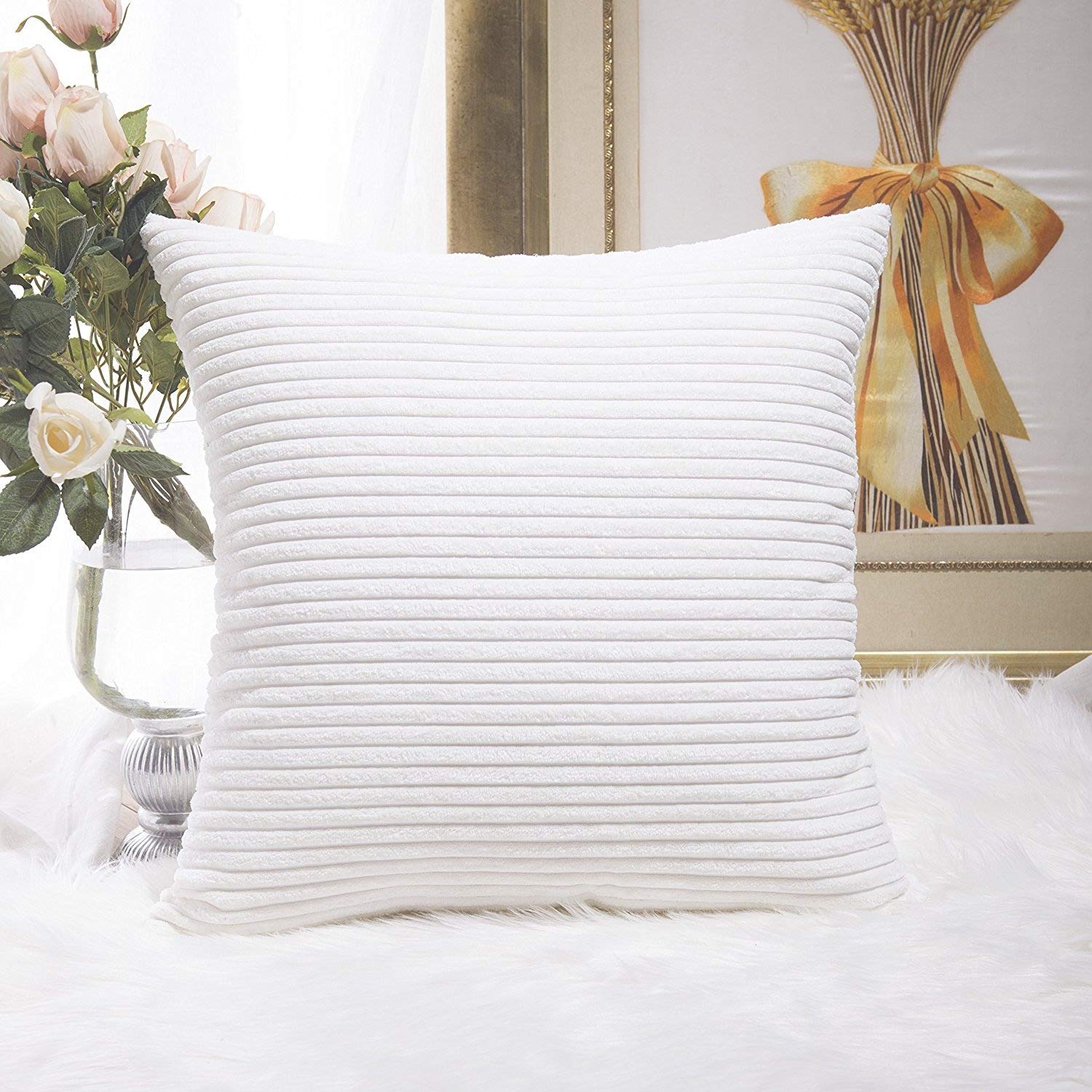 Home Brilliant Striped Velvet Corduroy Euro Throw Pillow Sham Accent Couch Cushion Cover For Teen Girls, 24 X 24 Inch (60Cm), Cr