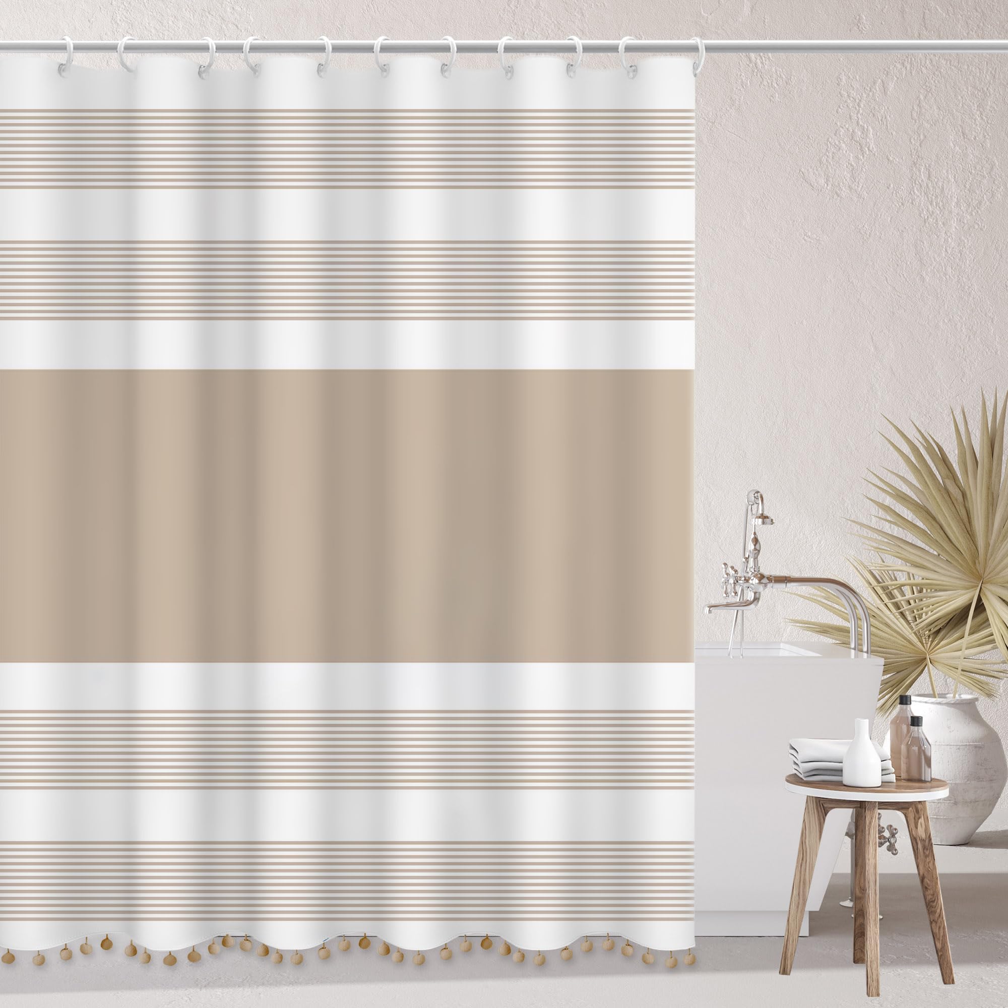 Flogriet 72'X72' Luxury Fabric Farmhouse Boho Beige Shower Curtain Khaki Shower Curtains With Pompom Boho Modern Classics Brow