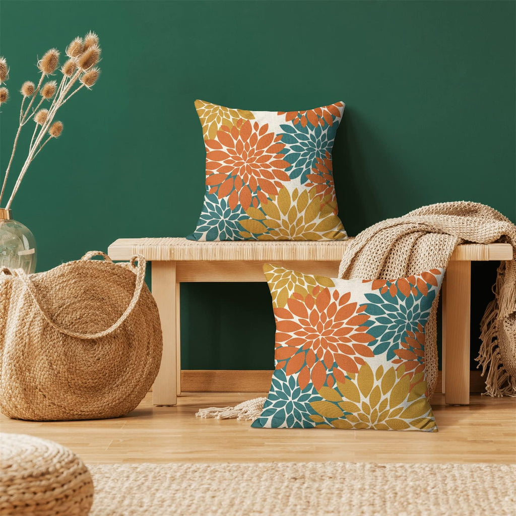 Cxmeifly Orange Yellow Teal Pillow Covers 20X20 Inch Set Of 2 Dahlia Floral Decor Throw Pillows Summer Modern Geometry Flower Ou