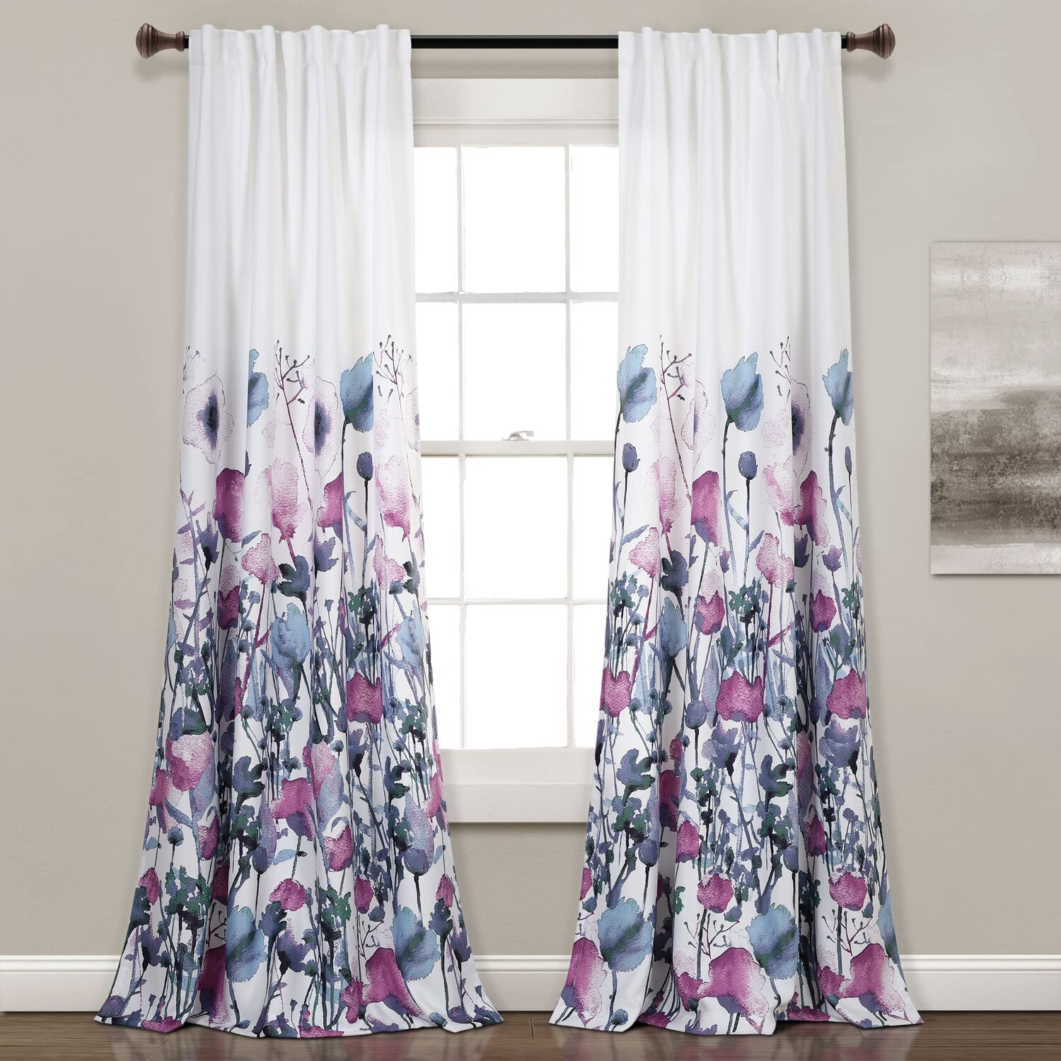 Lush Decor Zuri Flora Light Filtering Window Curtain Panel Pair, 84' L X 52' W, Purple