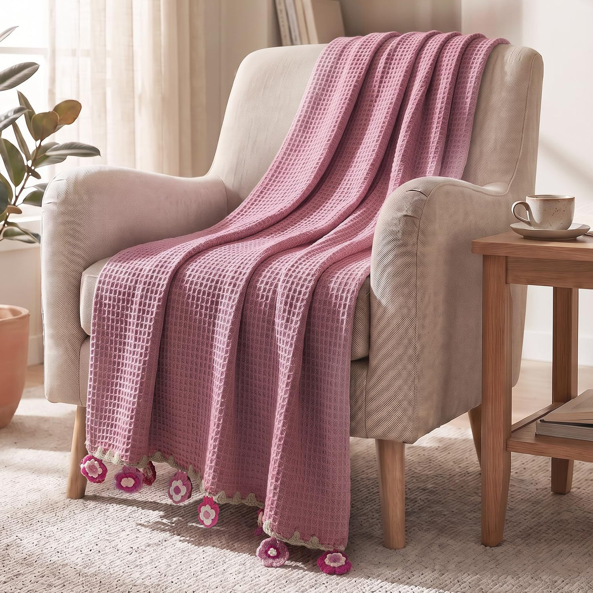 HOKIPO Dark Pink All Season Cotton Sofa Throw 50x60 Inches, Soft Decorative Living Room Sofa Throw Blanket with Handmade Crochet