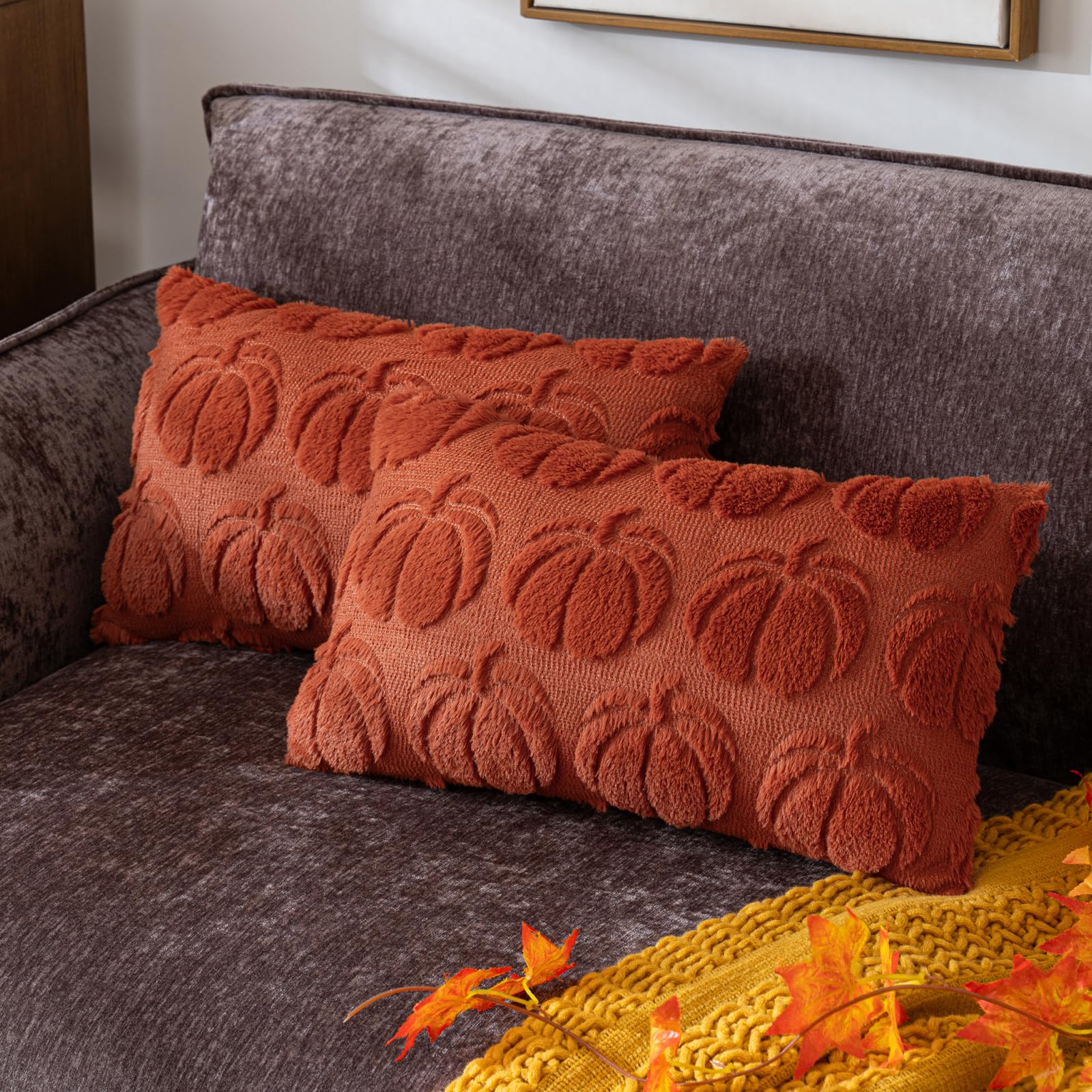 COSIBONO Pumpkin Fall Decorative Throw Pillow Covers 12'x20', Set of 2 Caramel Soft Faux Fur Pillow Covers for Autumn Harvest,