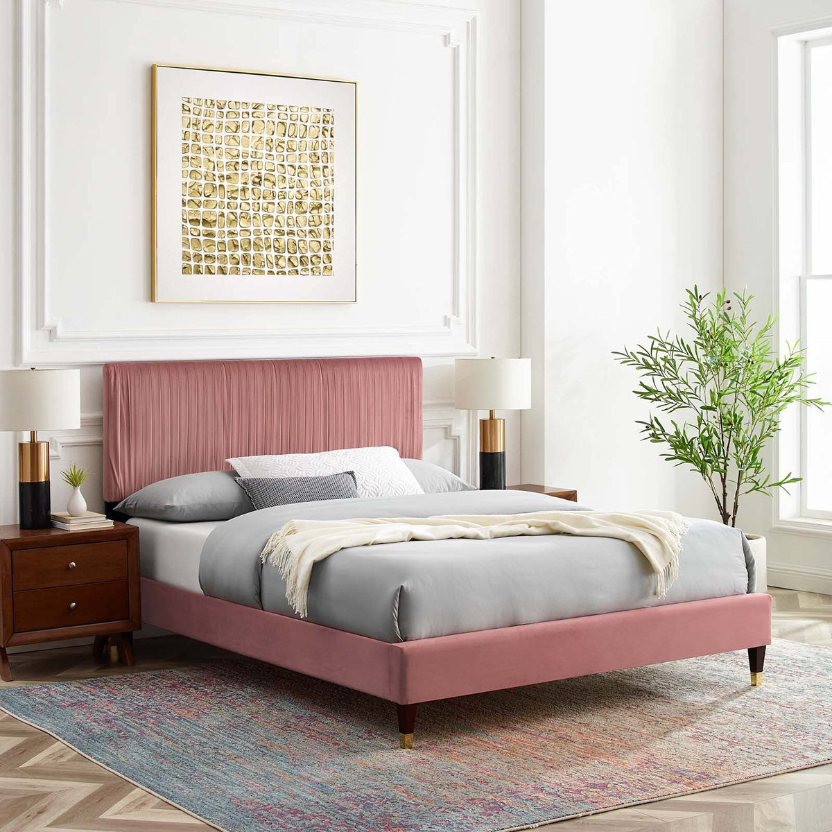 Modway Peyton Performance Velvet Full Platform Bed In Dusty Rose