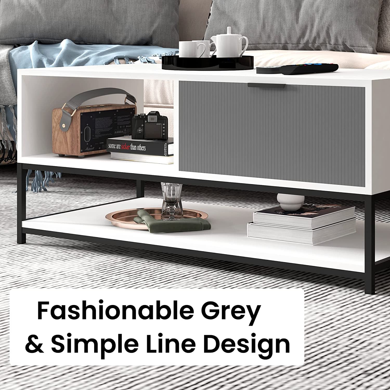 Lilola Home Watson White and Gray Wood Coffee Table Steel Frame with Shelves and Drawer