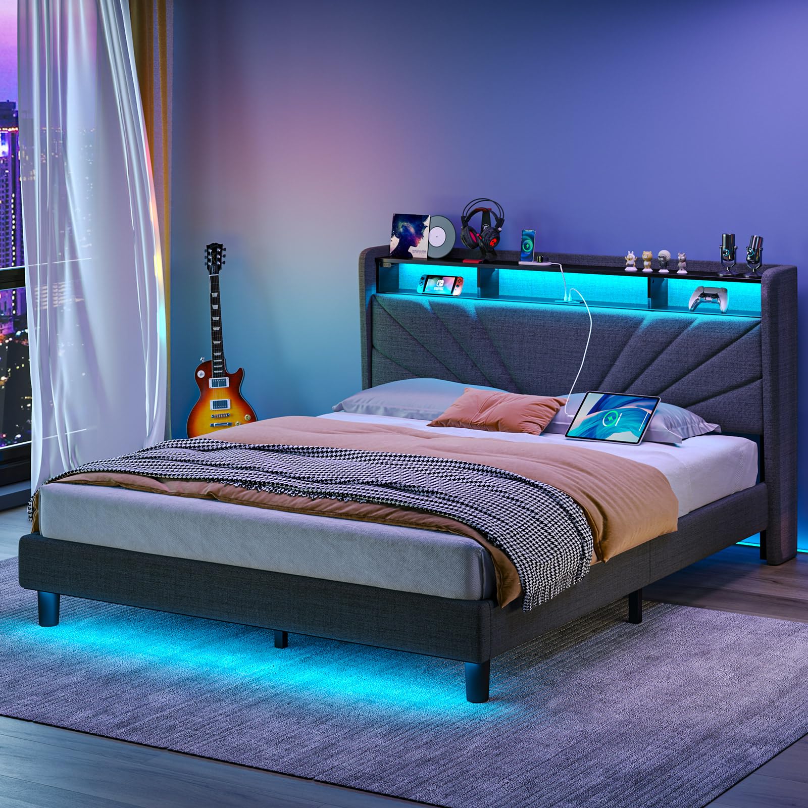 Rolanstar Queen Size Bed Frame, Storage Headboard With Charging Station And Led Lights, Upholstered Bed With Heavy Duty Wood Slats, No Box Spring Needed, Noise Free, Easy Assembly, Dark Grey