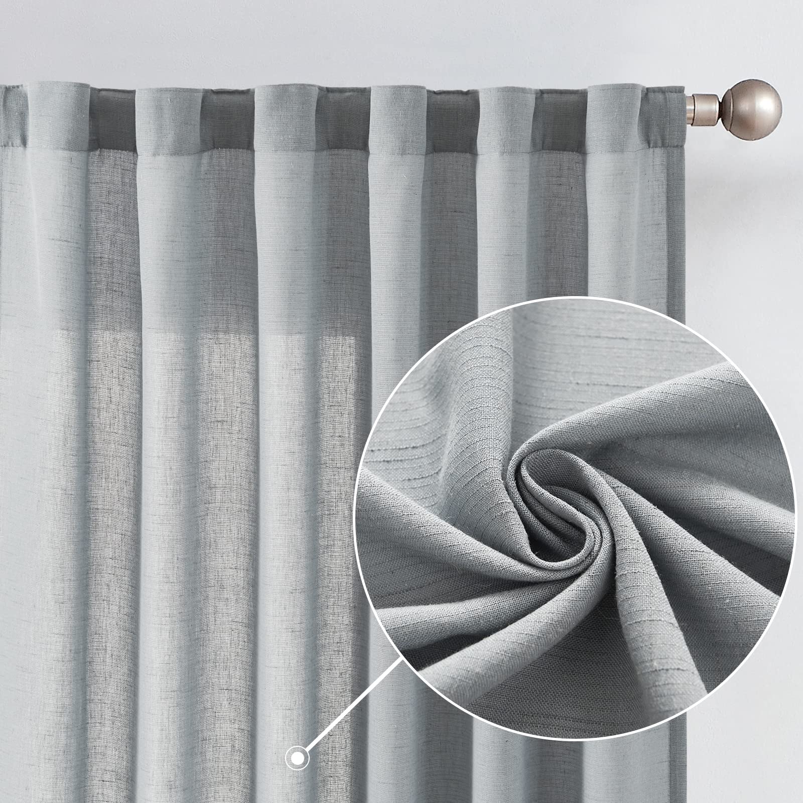 Jinchan Linen Grey Curtains 63 Inch Length For Living Room Farmhouse Rod Pocket Back Tab Light Filtering Window Drapes For Bedroom 50X63 Gray 2 Panels