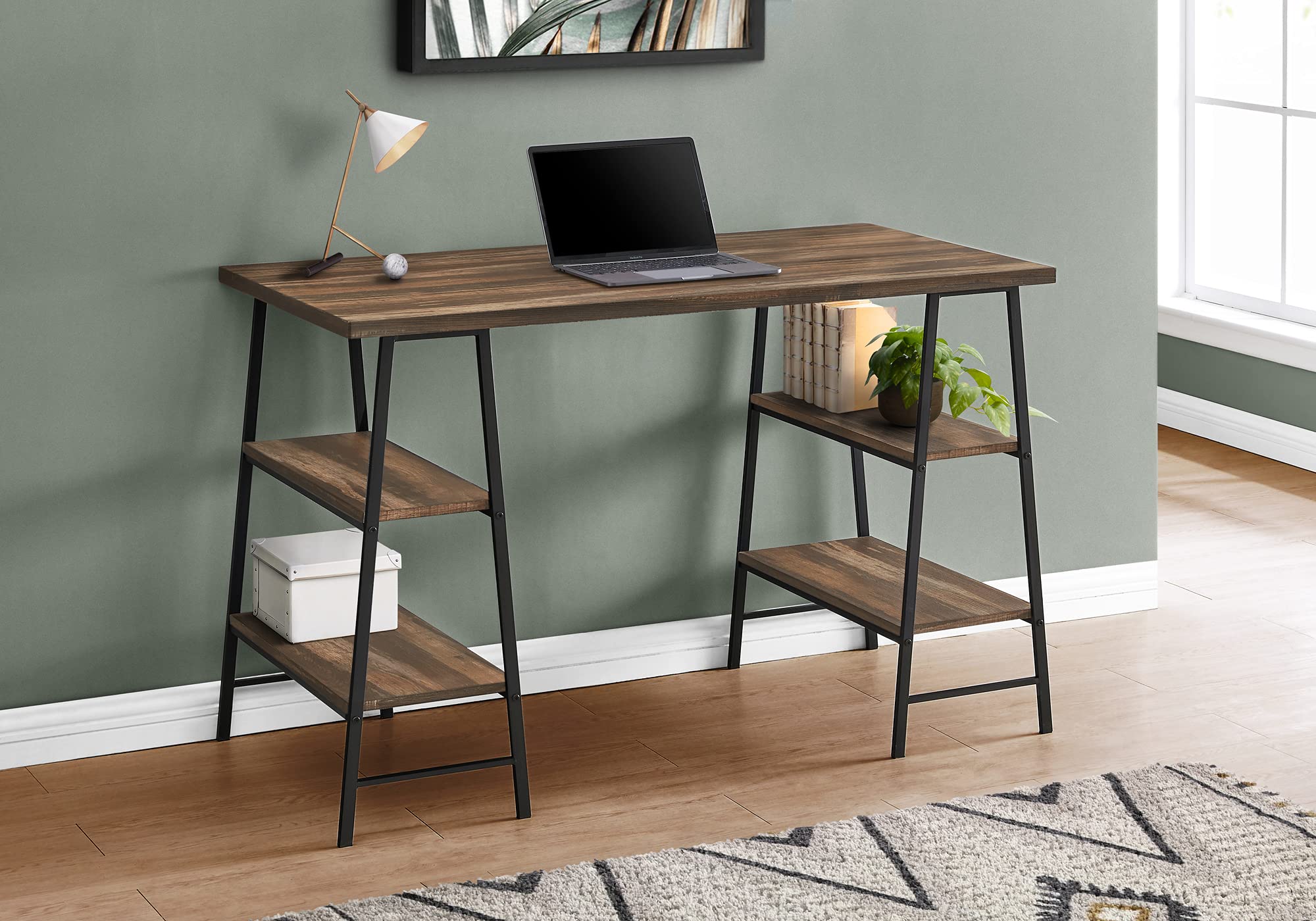 Monarch Specialties I 7525 Computer Desk, Home Office, Laptop, Storage Shelves, 48' L, Work, Metal, Laminate, Brown, Black, Contemporary, Modern