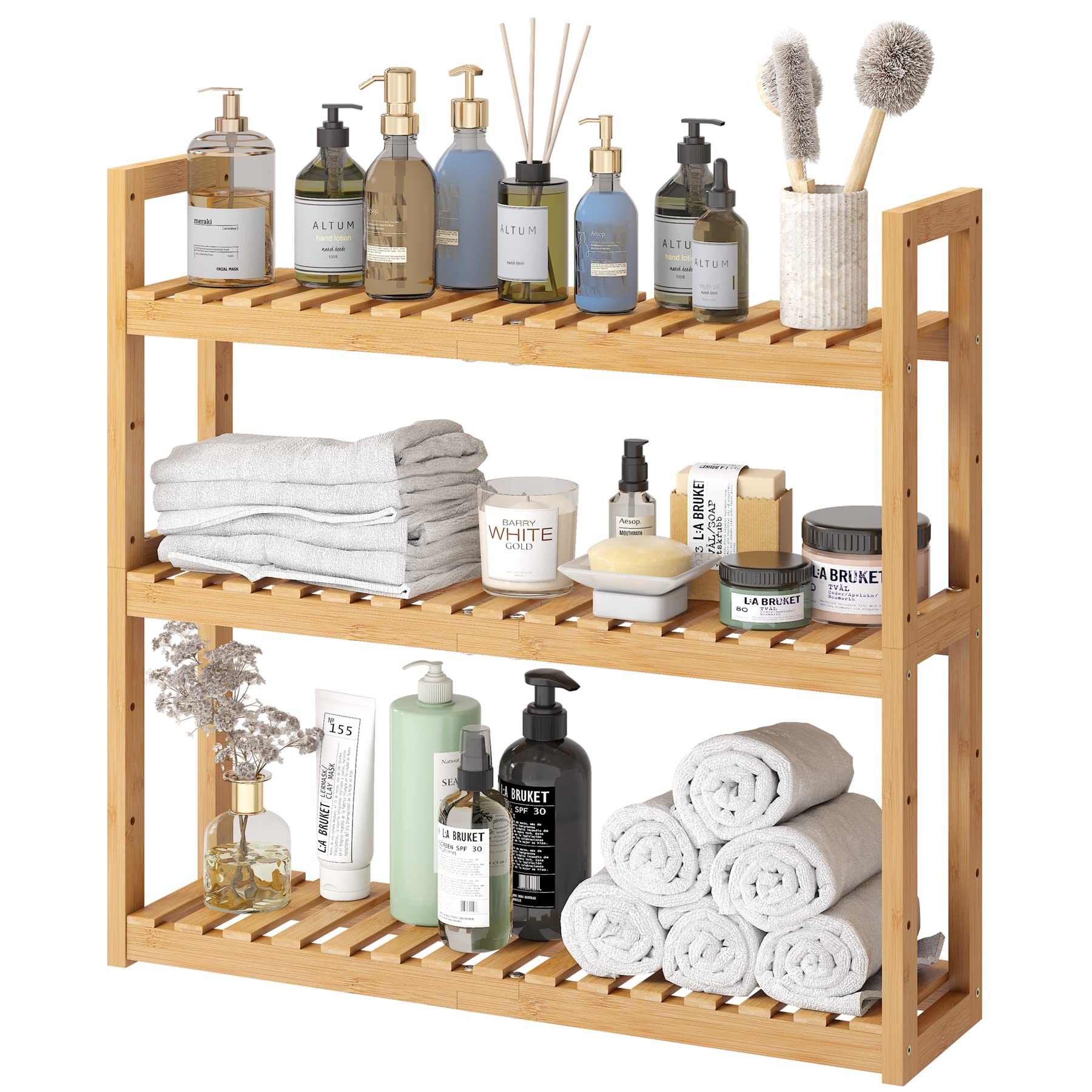 FILWH Bathroom Shelf Bamboo Organizer Rack Adjustable 3-Tier Storage Shelf Wall Mounted Storage Rack Over The Toilet Utility She