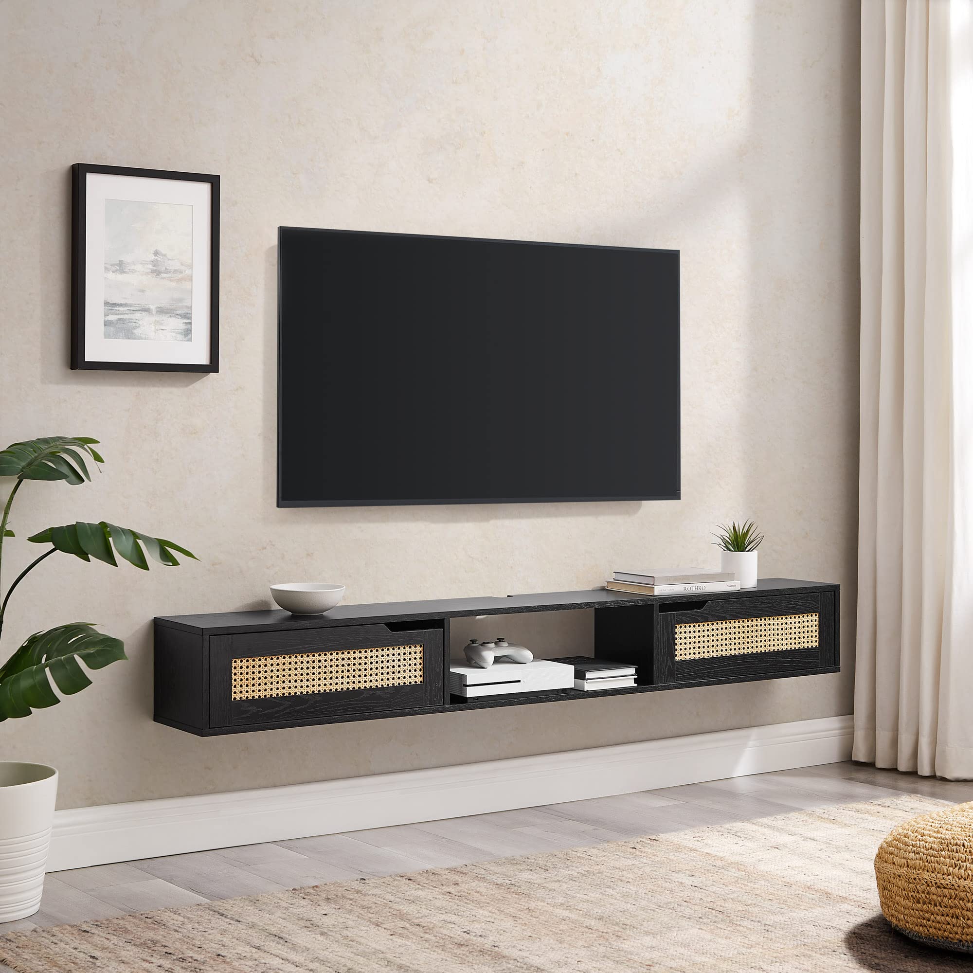 Walker Edison Modern Rattan Flip-Down-Door Wall-Mounted Floating Stand For Tvs Up To 80 Inches, 70 Inch, Black