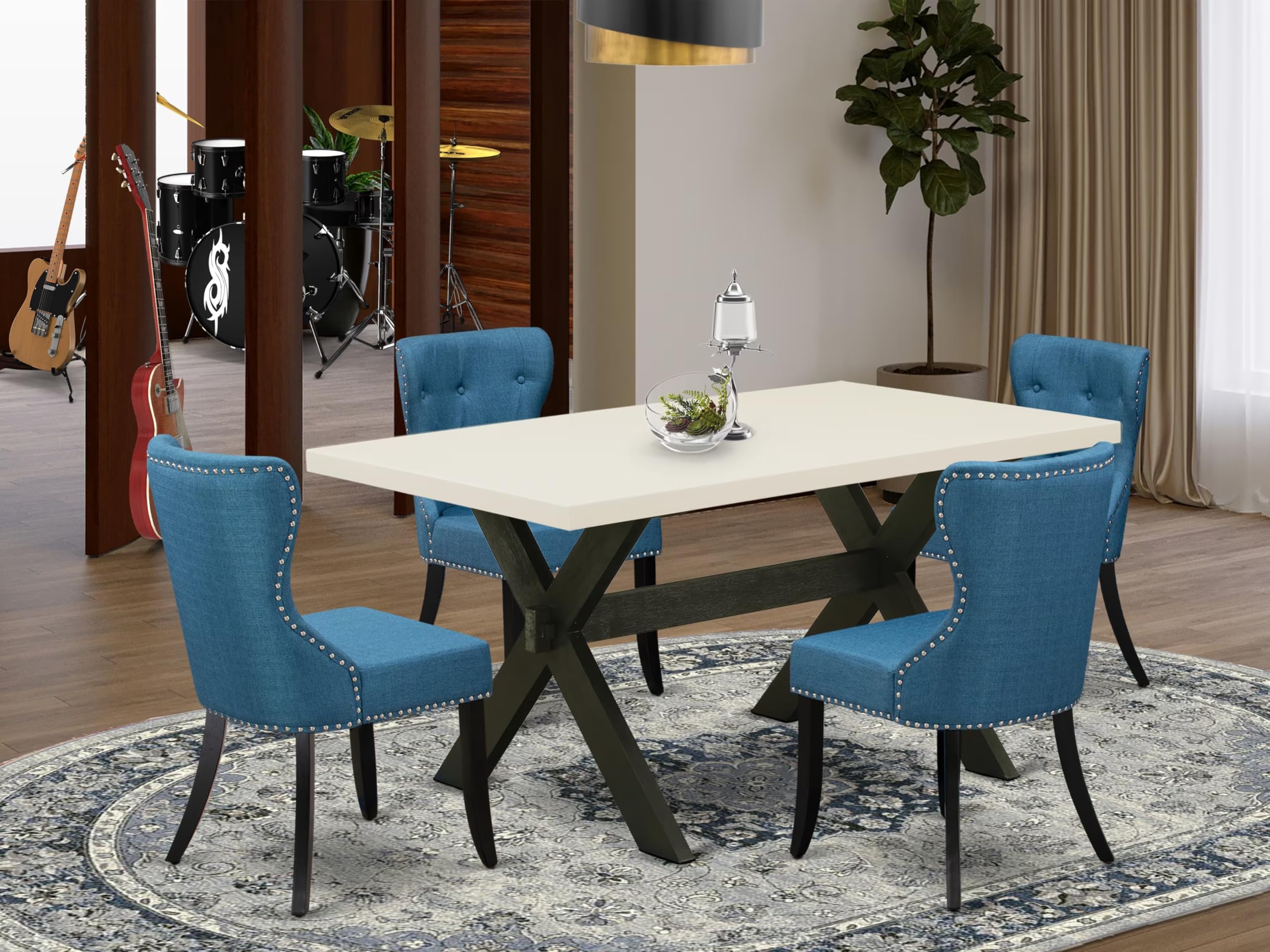 East West Furniture X626Si121-5 5 Piece Dining Set Includes A Rectangle Dining Room Table With X-Legs And 4 Blue Linen Fabric Upholstered Chairs, 36X60 Inch, Multi-Color