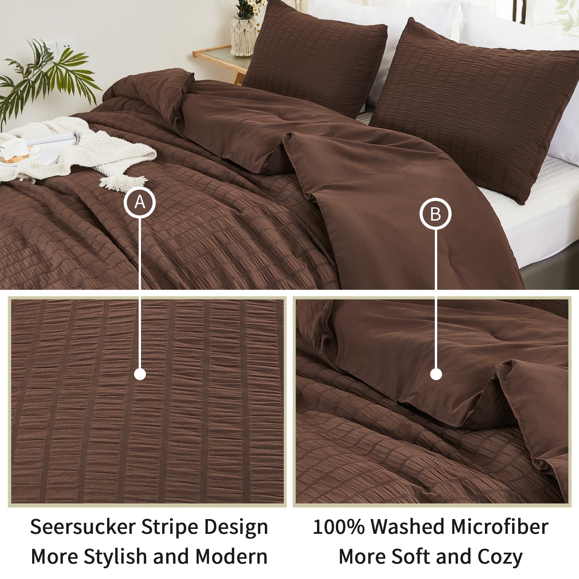 Avelom Brown Seersucker California King Comforter Set (104X96 Inches), 3 Pieces-100% Soft Washed Microfiber Lightweight Comforter With 2 Pillowcases, All Season Down Alternative Bedding Set