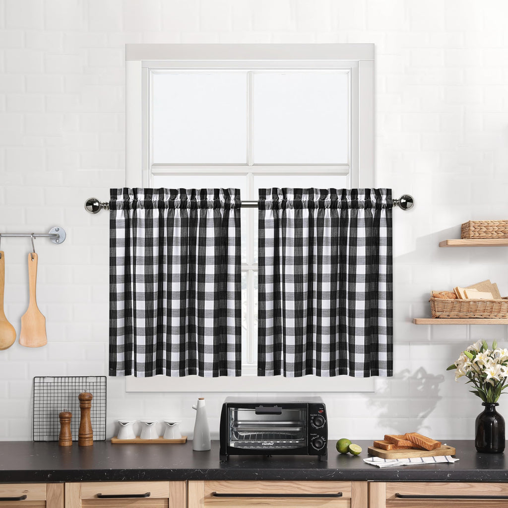 Buffalo Plaid Gingham Half Window Cafe Tier Curtains, Farmhouse Check Tiers Curtain For Kitchen Bathroom Living Room Window, 28'