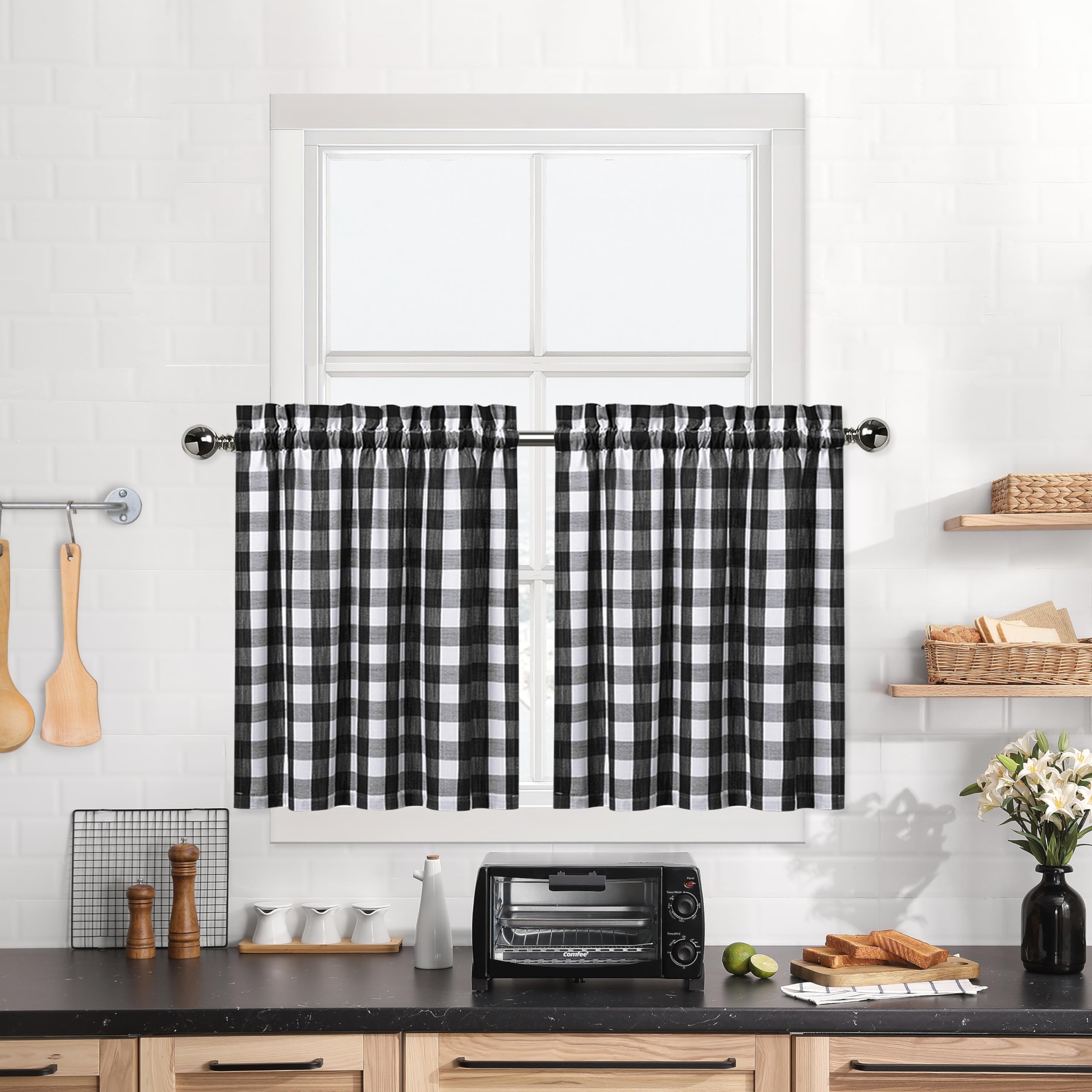 Buffalo Plaid Gingham Half Window Cafe Tier Curtains, Farmhouse Check Tiers Curtain For Kitchen Bathroom Living Room Window, 28'