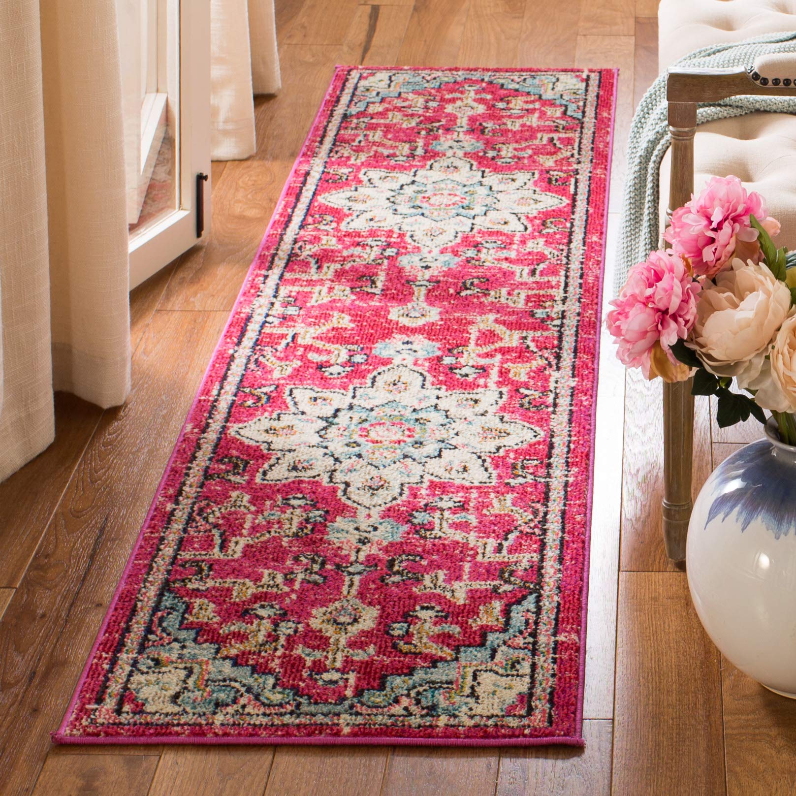 SAFAVIEH Madison Collection Runner Rug - 2 x 8, Fuchsia & Blue, Boho Chic Medallion Distressed Design, Non-Shedding & Easy Car