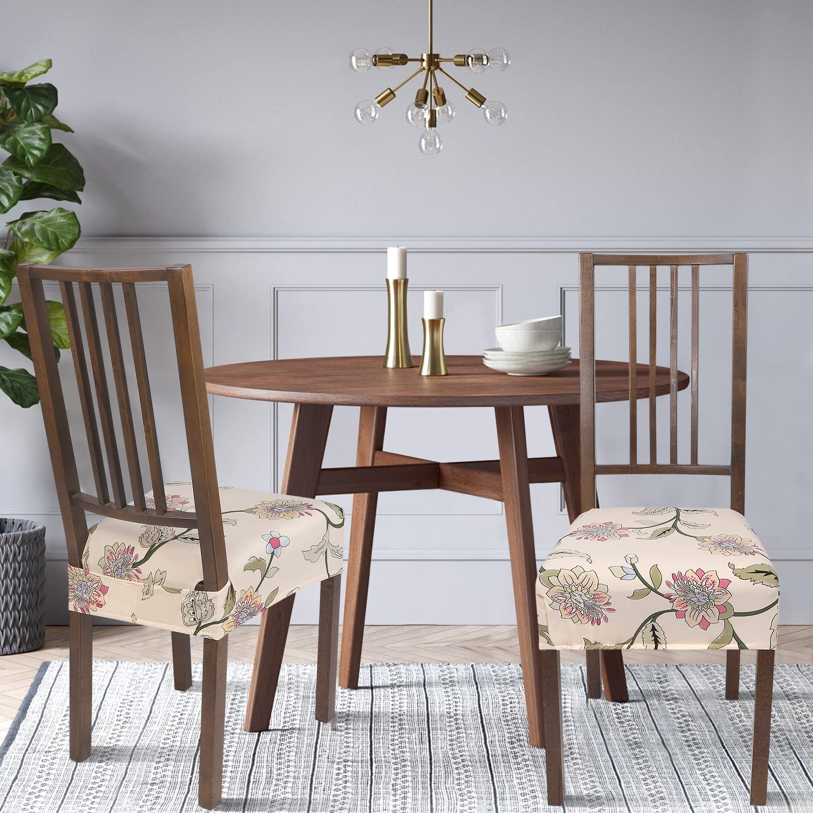 Searchi Stretch Dining Chair Seat Covers Set Of 4, Soft Removable Washable Seat Covers For Dining Chairs, Dining Room Seat Cover Protector (Rear-Covered, Brown Flowers)