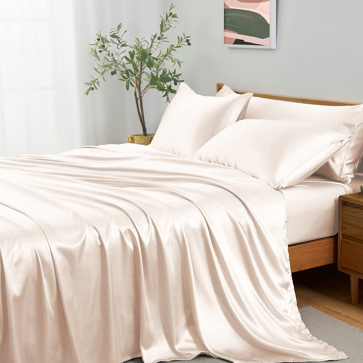 Entisn 5Pcs Silky Satin Sheets Set, Full Size Satin Bed Sheets Set, Champagne Luxury Bedding Sets, Breathable & Ultra Soft Sheet