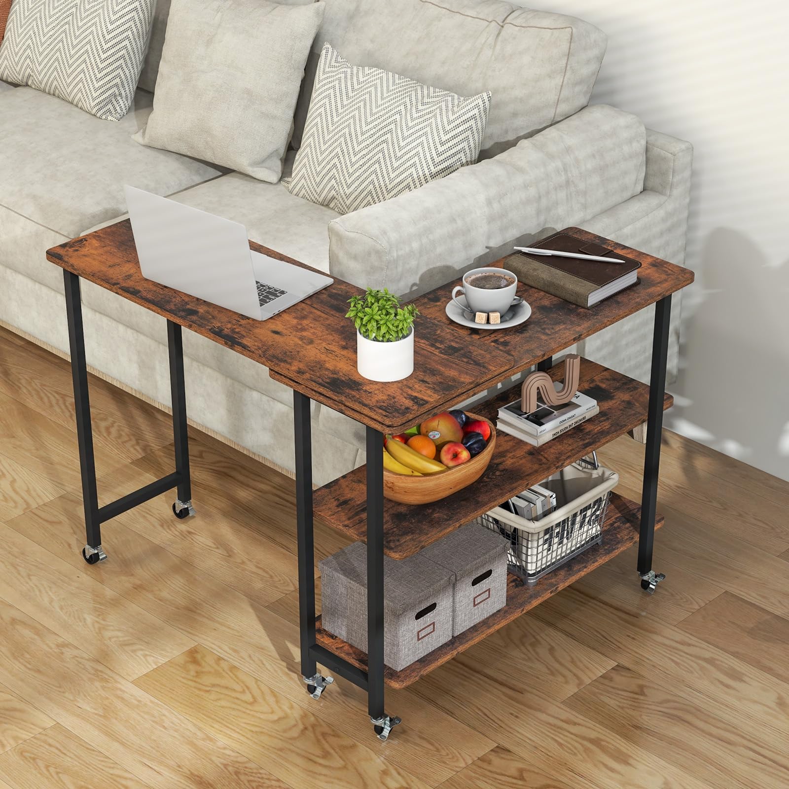 Tangkula 360° Rotating Sofa Side Table, Patented Mobile End Table With 2-Tier Storage Shelves, Swivel Rolling Desk With 6 Lockable Casters, Metal Frame, Movable Laptop Table Couch Snack Table For Home