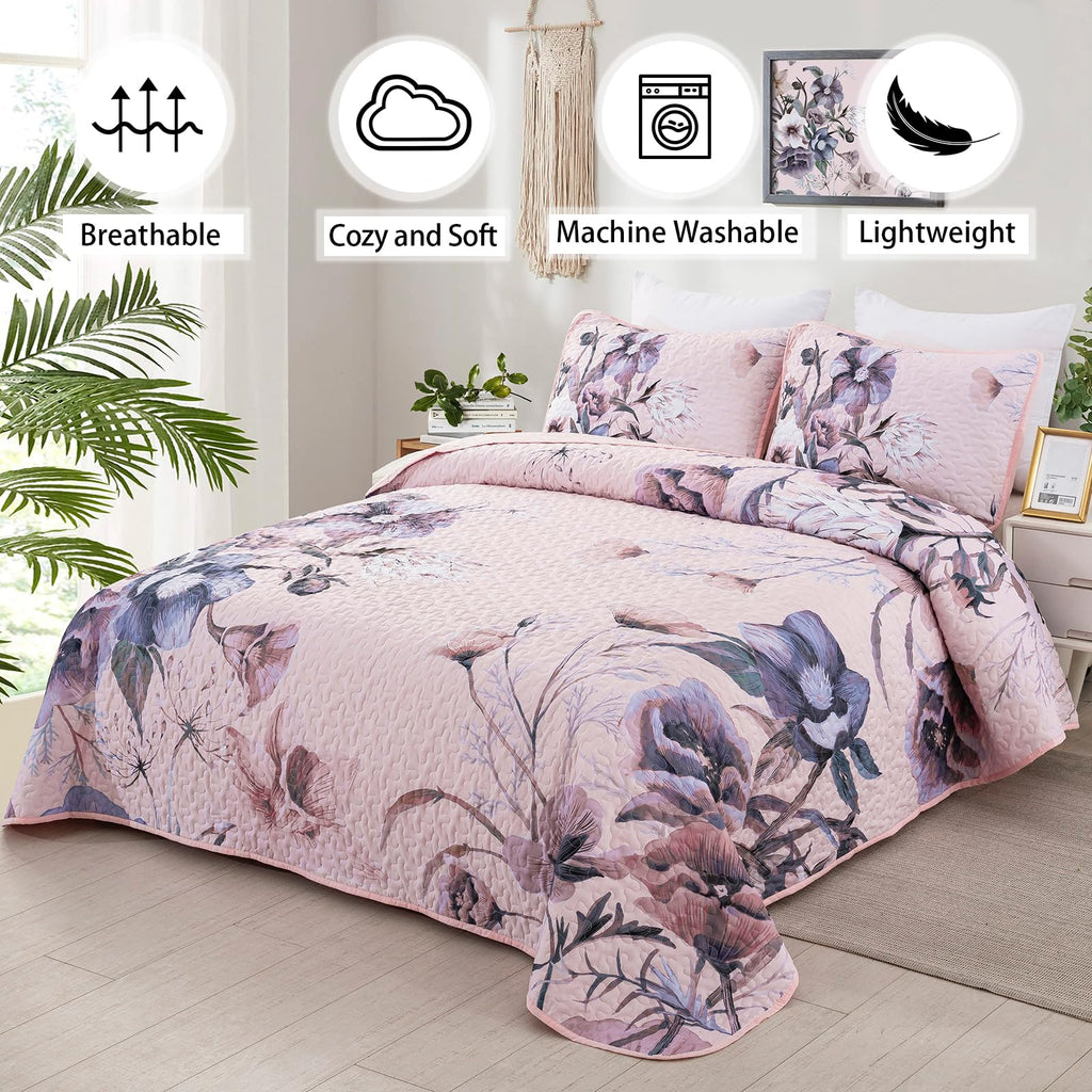 Drucon Floral Quilt Set King 3 Pieces Pink Floral Quilt Coverlet Set Soft Microfiber Lightweight Pink Quilted Bedspread For All