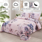 Drucon Floral Quilt Set King 3 Pieces Pink Floral Quilt Coverlet Set Soft Microfiber Lightweight Pink Quilted Bedspread For All