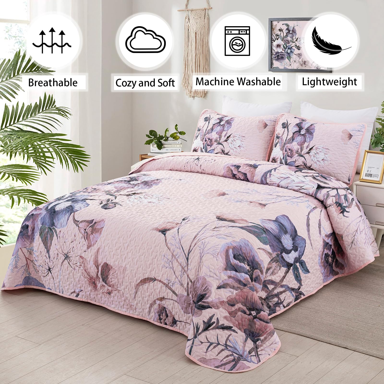 Drucon Floral Quilt Set King 3 Pieces Pink Floral Quilt Coverlet Set Soft Microfiber Lightweight Pink Quilted Bedspread For All