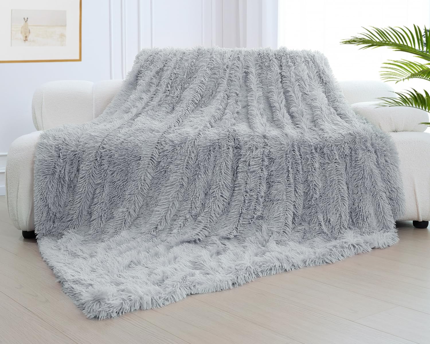 Kankaeu Soft Fuzzy Faux Fur Throw Blanket Queen Size, Fluffy Shaggy Throw Blanket For Bed, Solid Reversible Cozy Warm Blanket, P