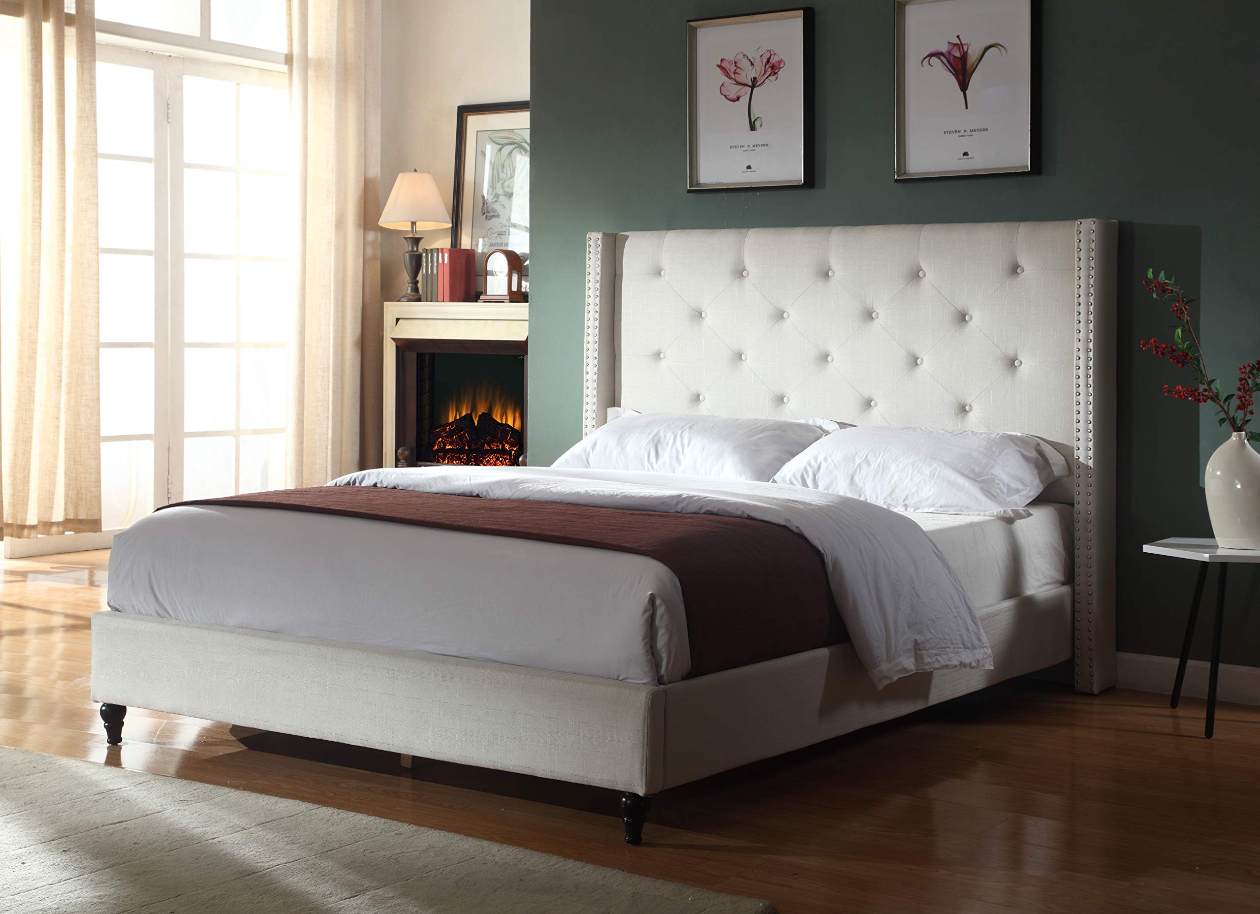 Best Master Furniture Vera Tufted Linen Platform Bed, Full, Beige