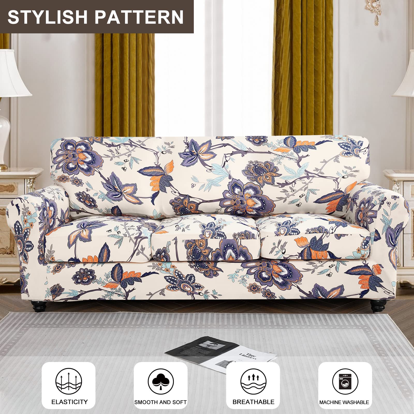 Searchi Stretch Sofa Cover Printed Couch Cover, Floral Pattern 4 Pieces Sofa Slipcover With 3 Separate Cushion Cover, Washable Furniture Protector For Living Room(Sofa, Flower Pattern)