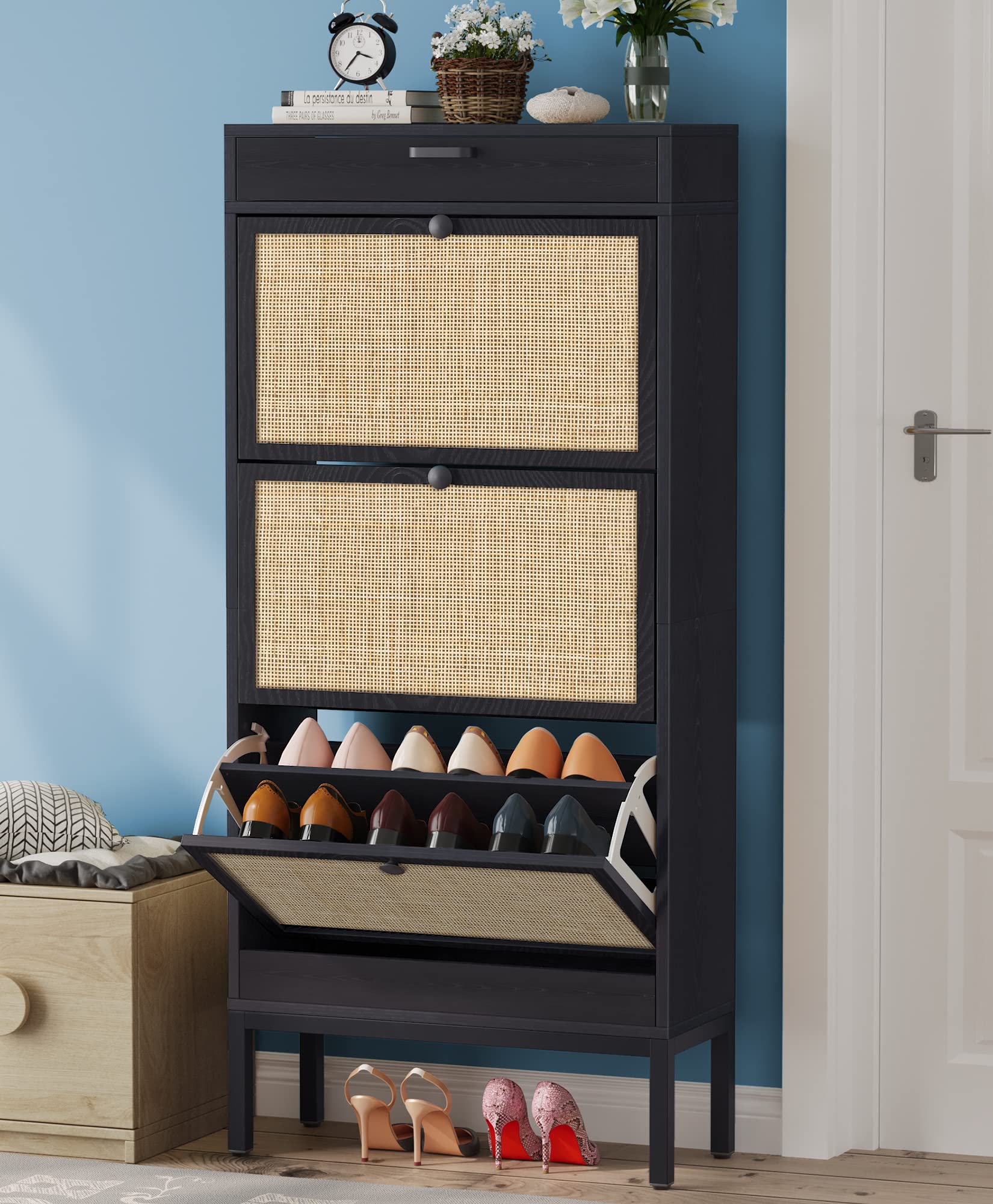 Brafab Freestanding Shoe Cabinet with 3 Flip Drawers, 2 Layer Shoe Shelf, Natural Rattan Shoe Storage Organizer, Slim Shoe Stora