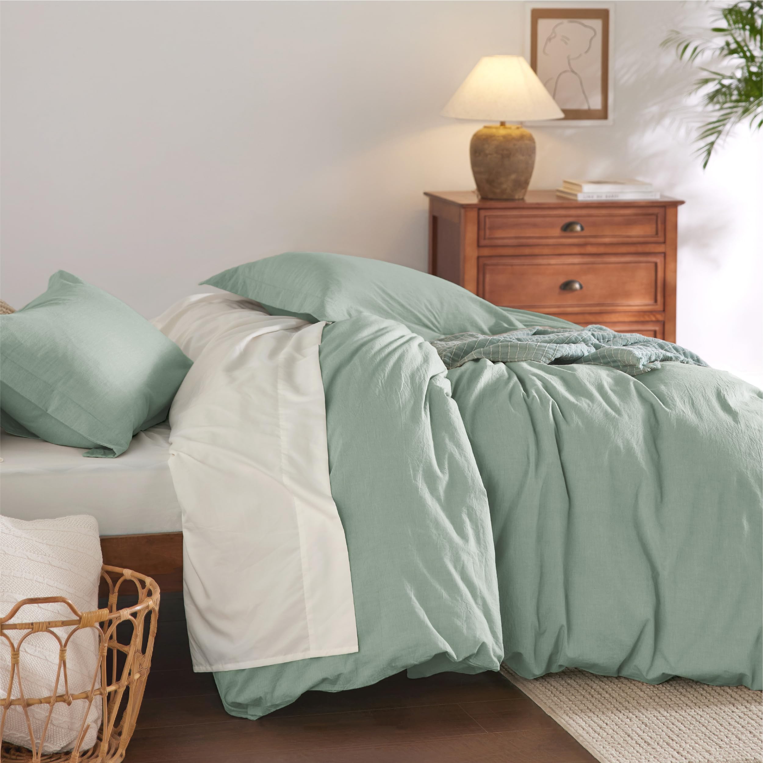 Bedsure 100% Washed Cotton Duvet Cover King Size - Sage Green Minimalist Cotton Duvet Cover Linen Like - 3 Pieces Gentlesoft™ Plain Simple Bedding Set With 2 Pillow Shams (Sage Green, King, 104'X90')
