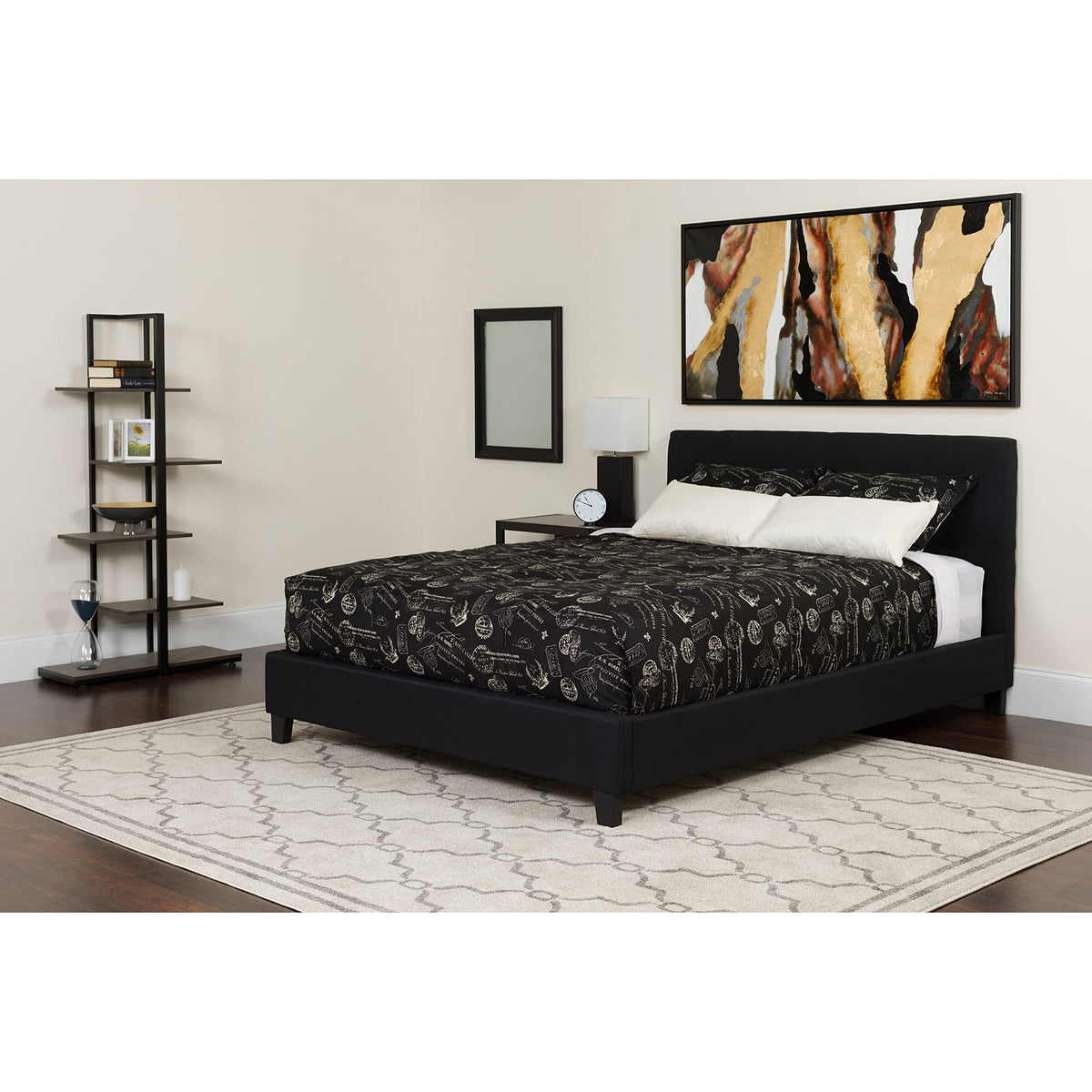 Flash Furniture Tribeca Full Size Tufted Upholstered Platform Bed in Black Fabric with Pocket Spring Mattress