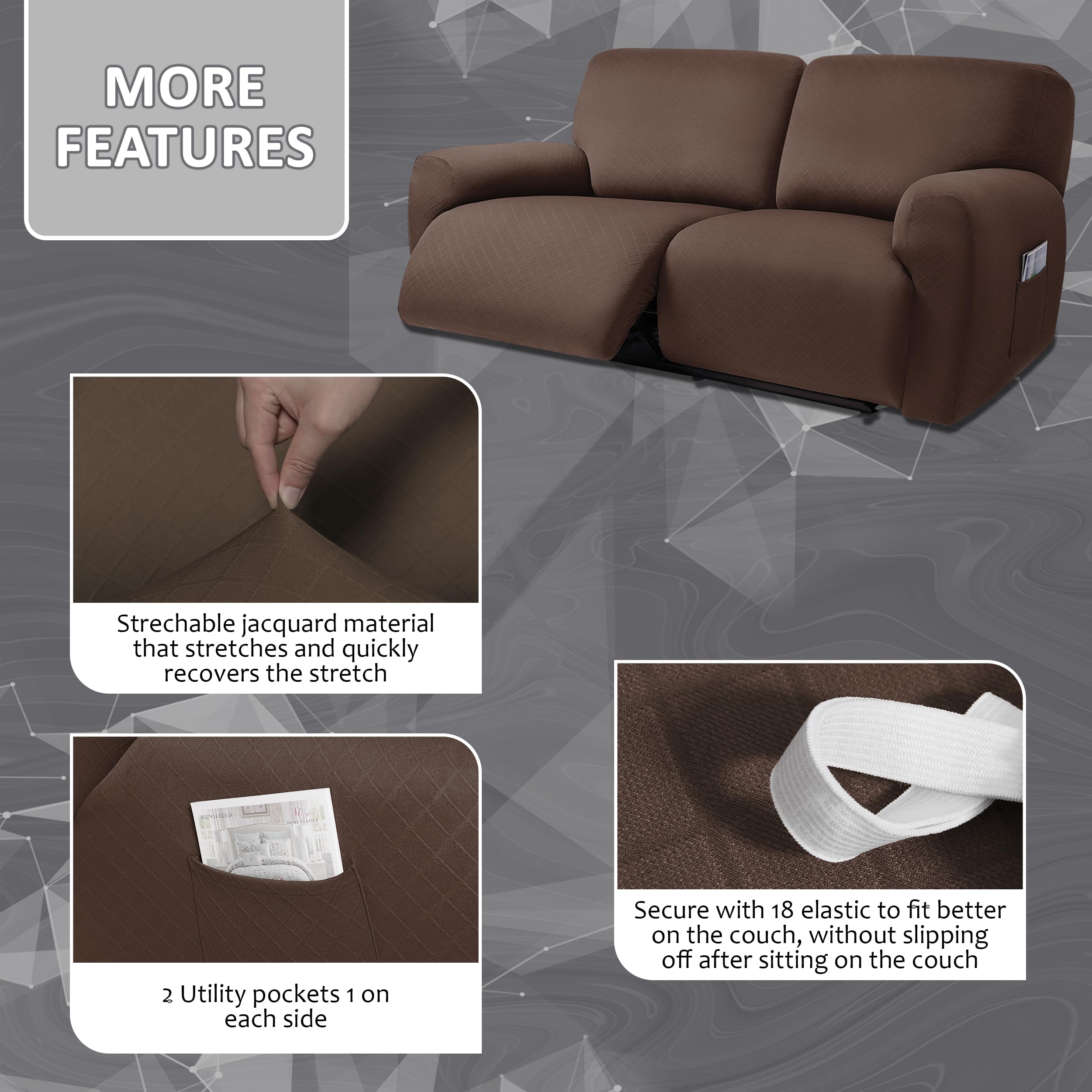 Ulticor Squared Jacquard Design Extra Wide 75'' - 100'', Reclining 2 Seater Sofa, Extra Wide 6-Piece Reclining Loveseat Slipcove