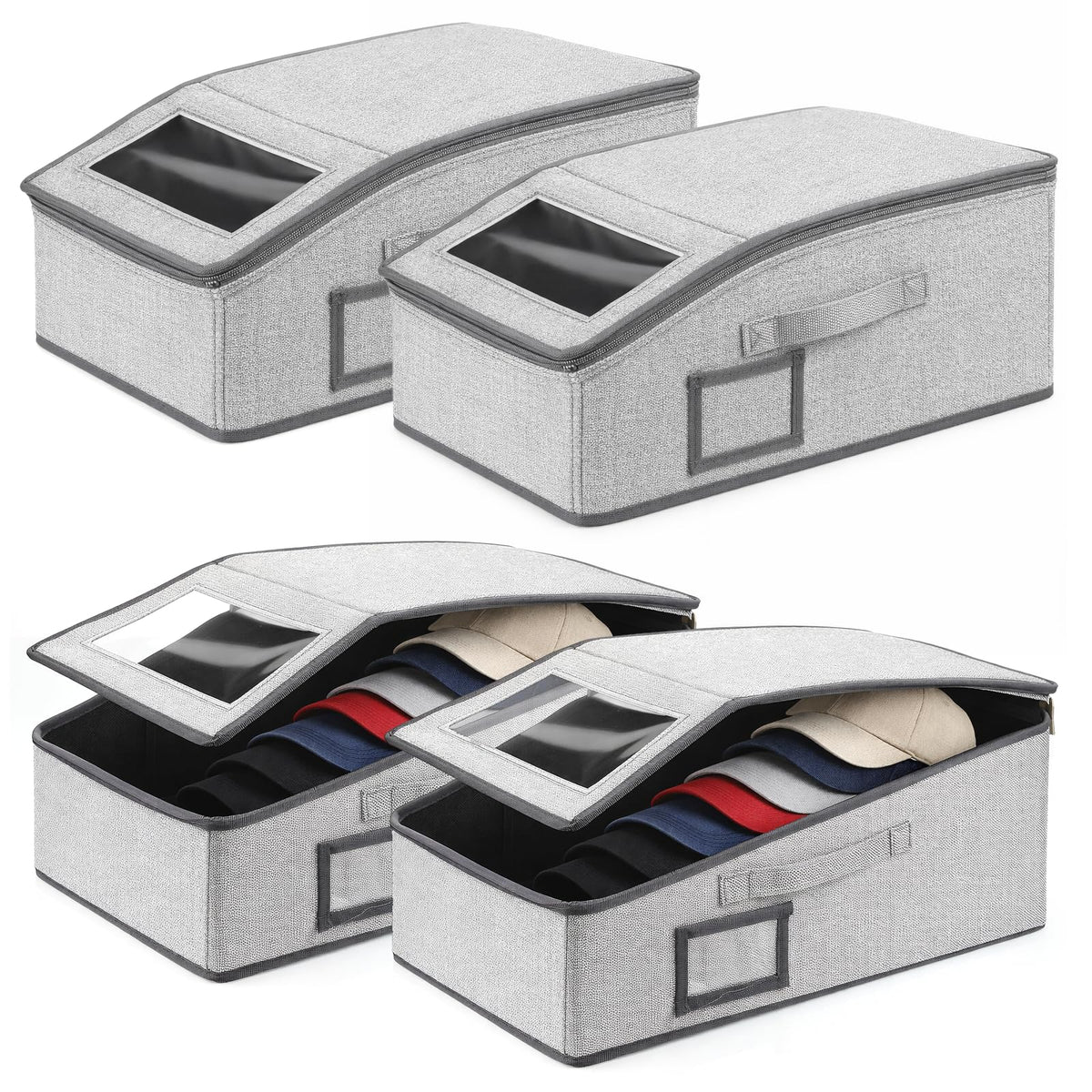 MySHUCE 4 Pack Hat Organizer for Baseball Caps, Stackable Hat Storage Box with Clear Window Lid, Holds up to 56 Ball Cap Storage