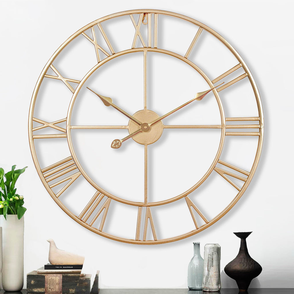 CLXEAST Champagne Gold Wall Clock, Large 24 Inch Wall Clocks for Living Room Decor, Metal Roman Numeral Wall Clock,Decorative Wa