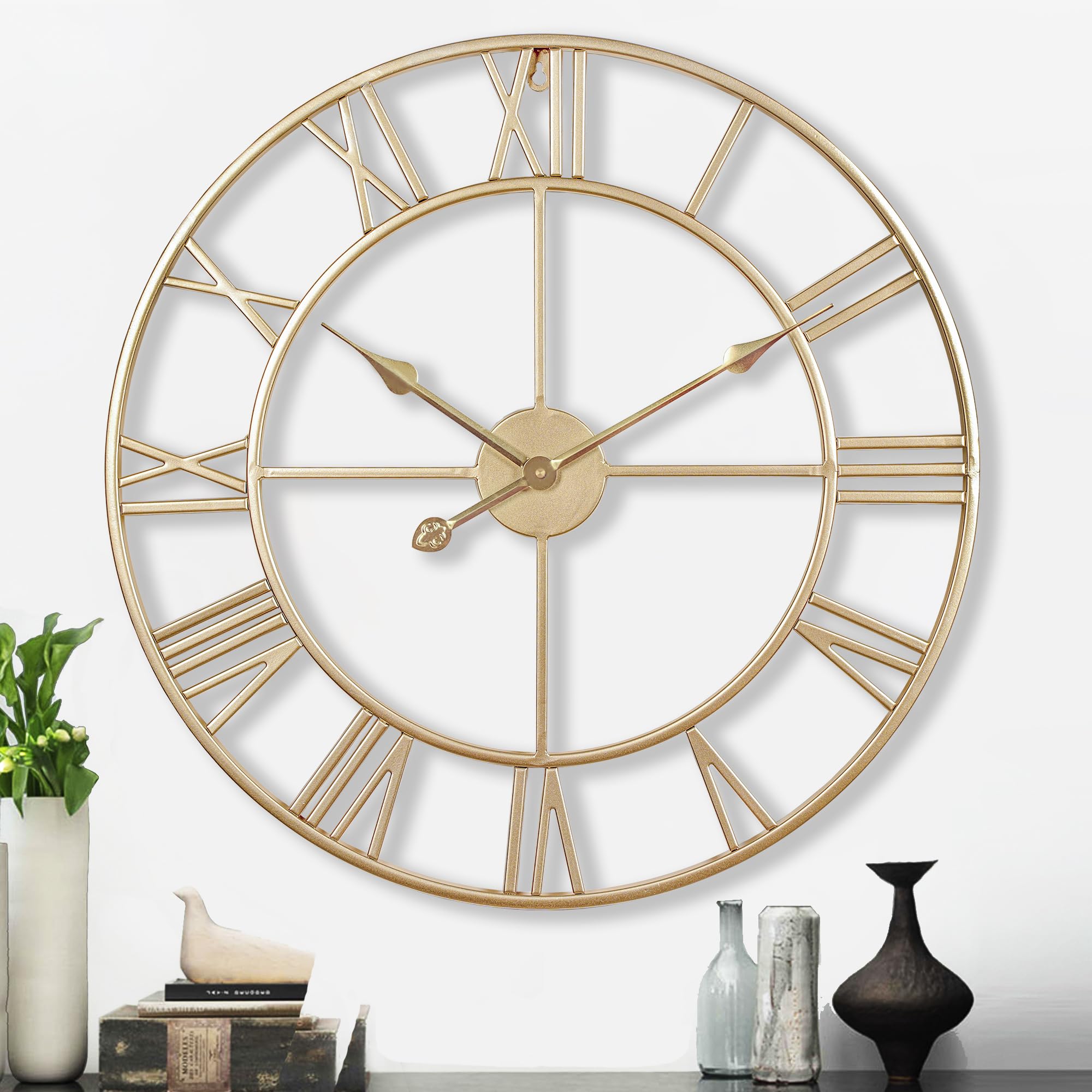 CLXEAST Champagne Gold Wall Clock, Large 24 Inch Wall Clocks for Living Room Decor, Metal Roman Numeral Wall Clock,Decorative Wa