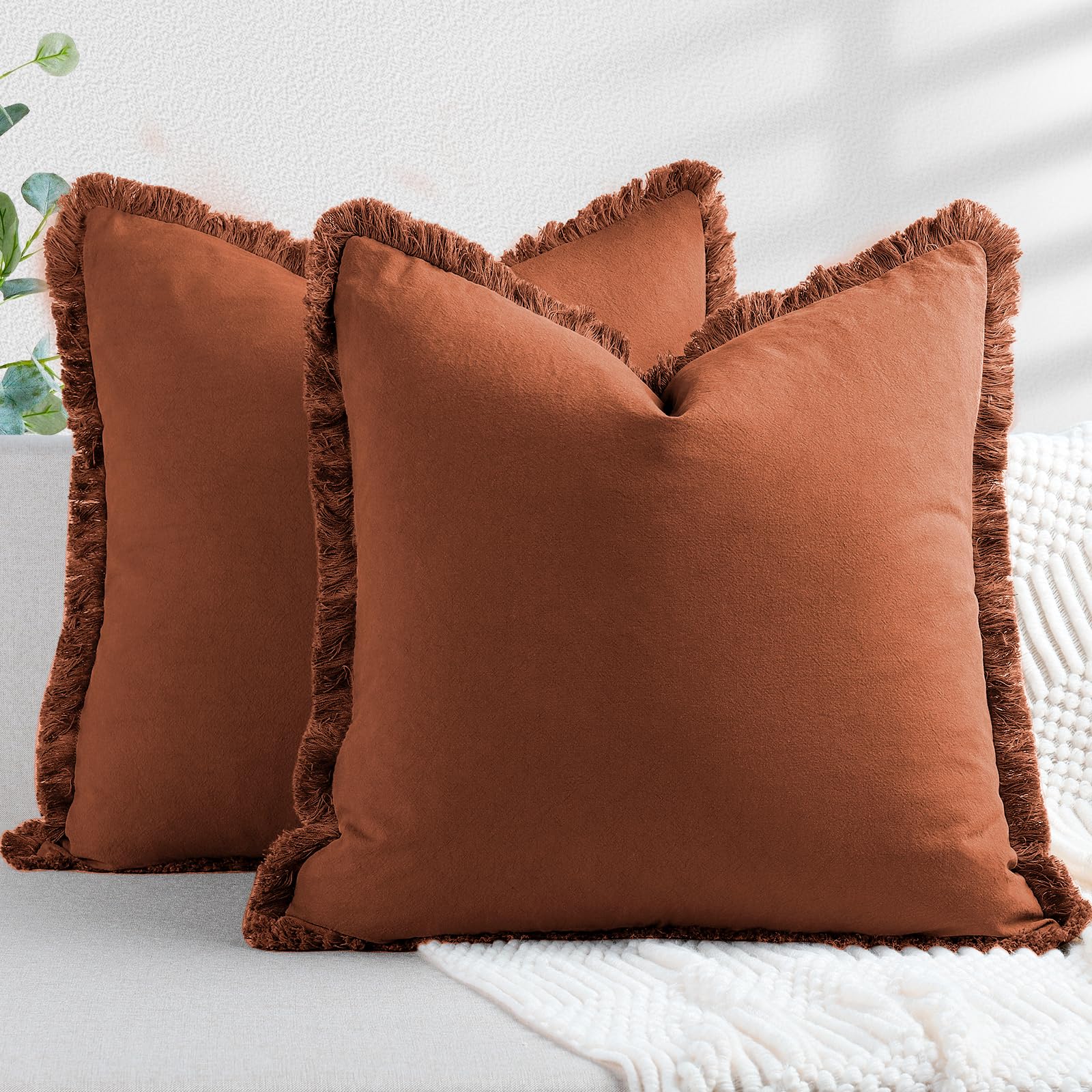 Zwjd Pillow Covers 16X16 Set Of 2 Rust Throw Pillow Covers With Fringe Chic Cotton Decorative Pillows Square Cushion Covers For