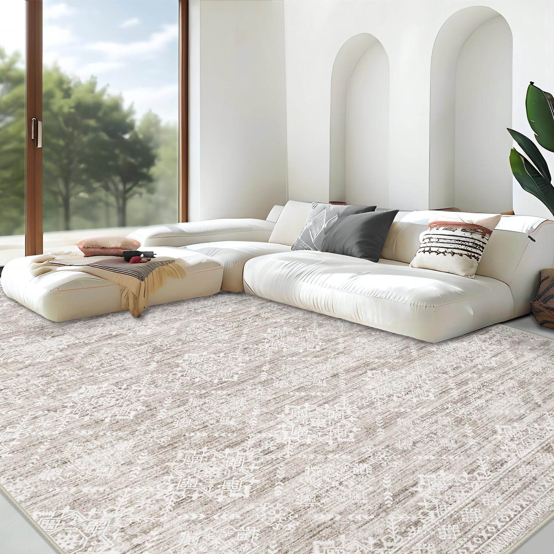 Area Rug for Living Room 9x12: Large Washable Boho Moroccan Rugs Geometric Neutral Rug, Non-Slip Foldable Morden Farmhouse Indoo